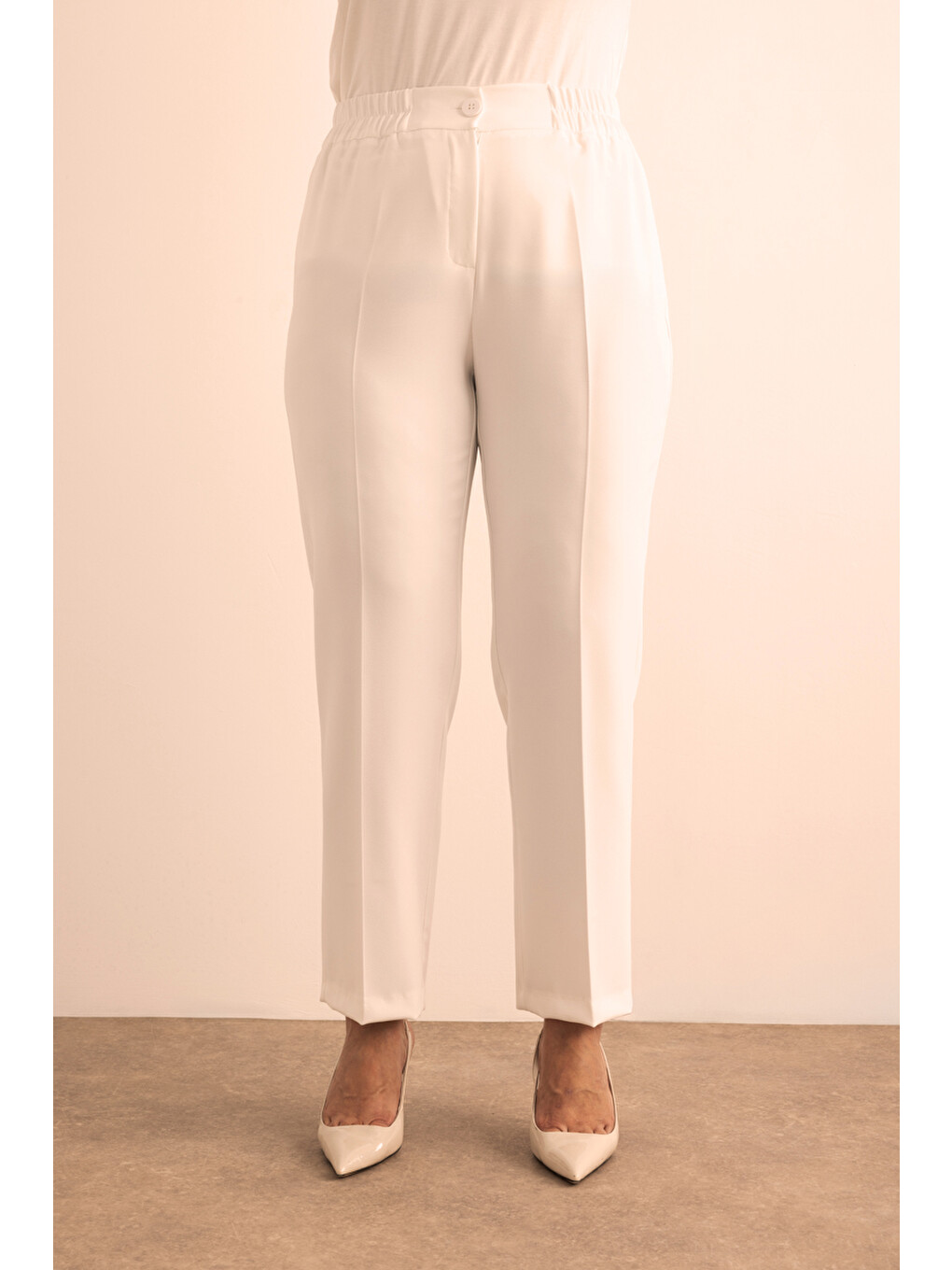 Ekru Beli Lastikli Dokuma Pantolon-1