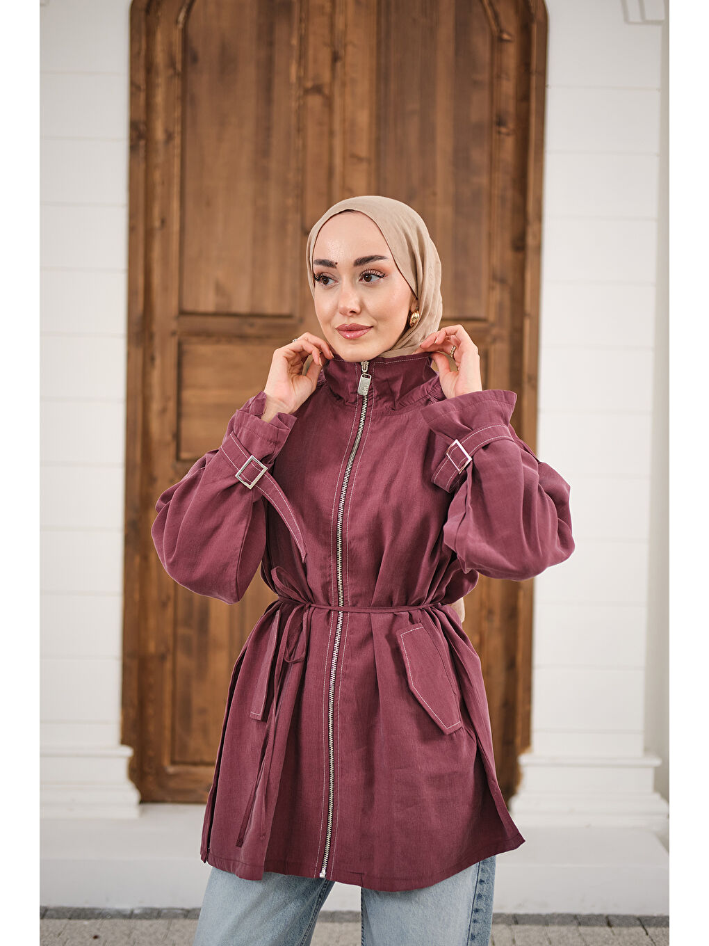 Kadın Gold Fermuar Detay Dikiş İzli Ceket Mürdüm