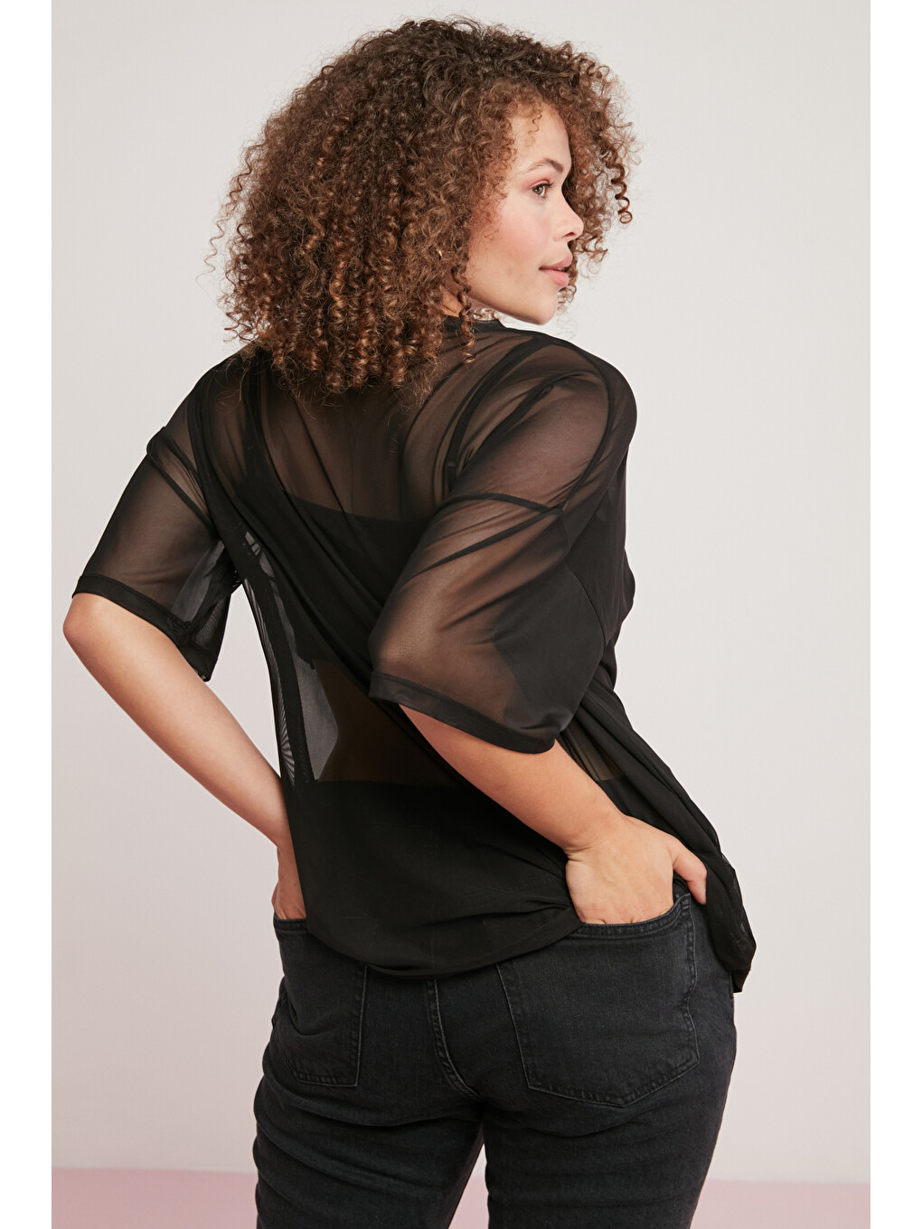Yukı Kadın Yuvarlak Yaka Mesh Yarasa Kol Siyah Büyük Beden T-shirt-5