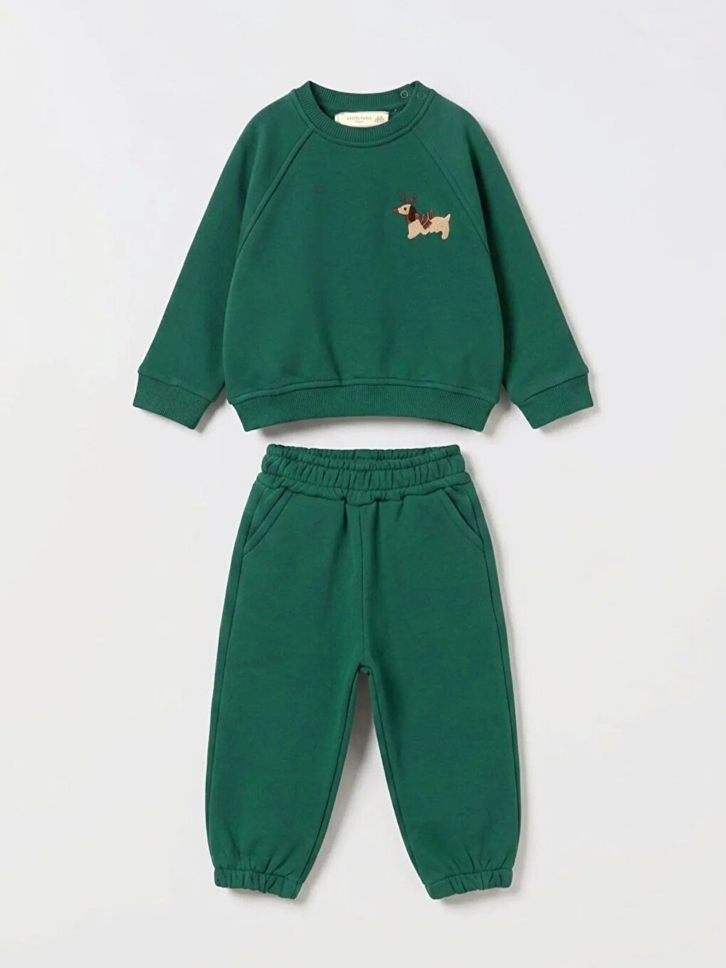 Bebek Pamuklu Köpek Nakışlı Yeşil Sweatshirt Ve Eşofman Altı Takımı-1
