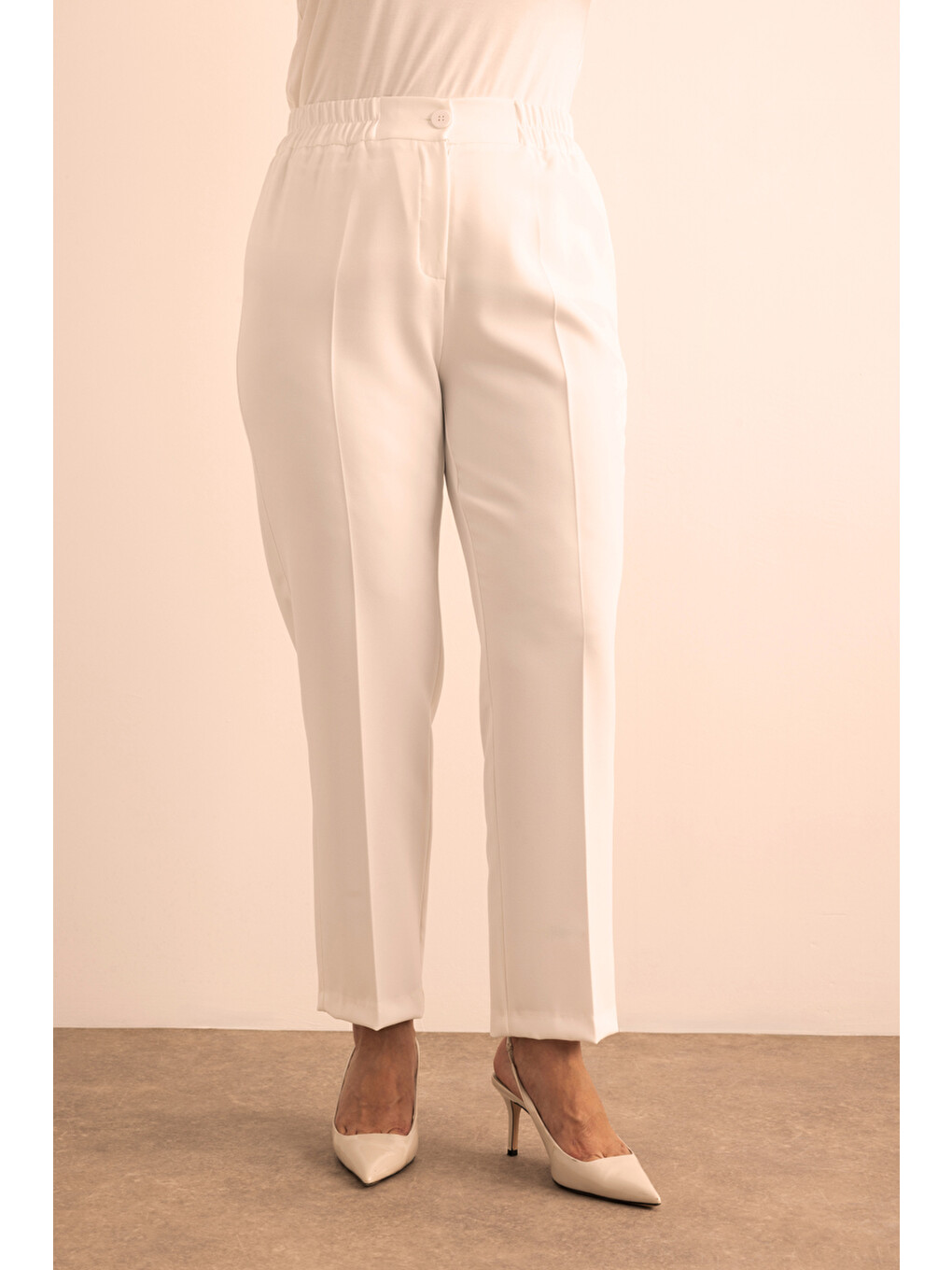Ekru Beli Lastikli Dokuma Pantolon-2