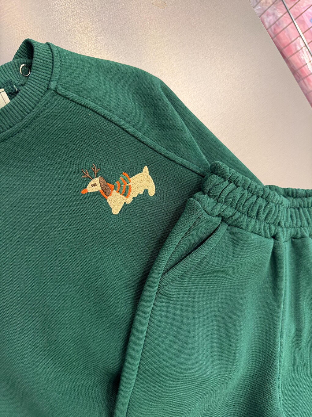 Bebek Pamuklu Köpek Nakışlı Yeşil Sweatshirt Ve Eşofman Altı Takımı-2