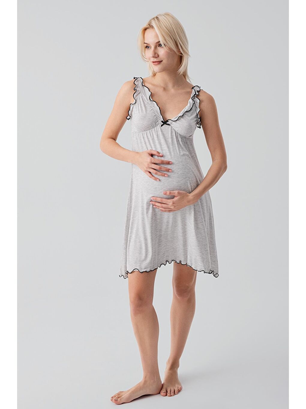 Gri Askılı Kısa Esnek Viskoz Hamile Sabahlık Gecelik Takım 19400-8