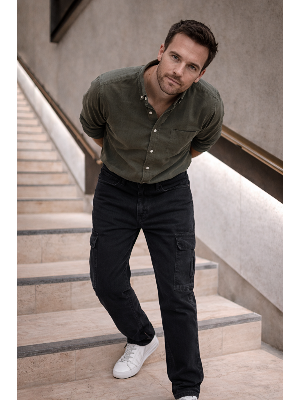 Gri Erkek Yüksek Bel Bol Paça Füme Kargo Baggy Pantolon-1