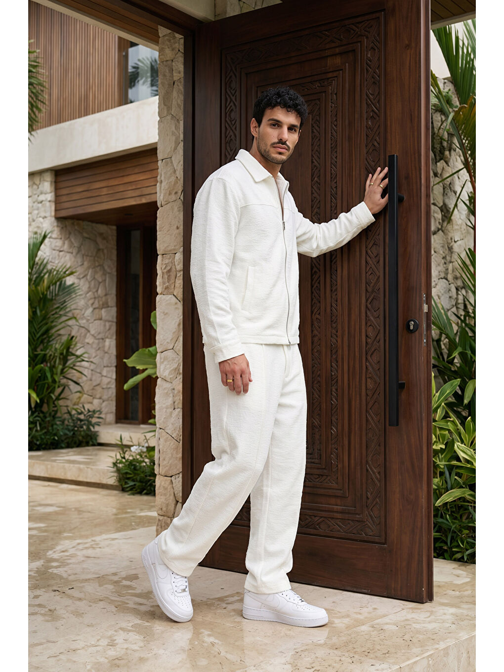 Beyaz Artigas Premium Fermuarlı Düz Basic Ceket Pantolon Erkek Takım Relax Kalıp-5
