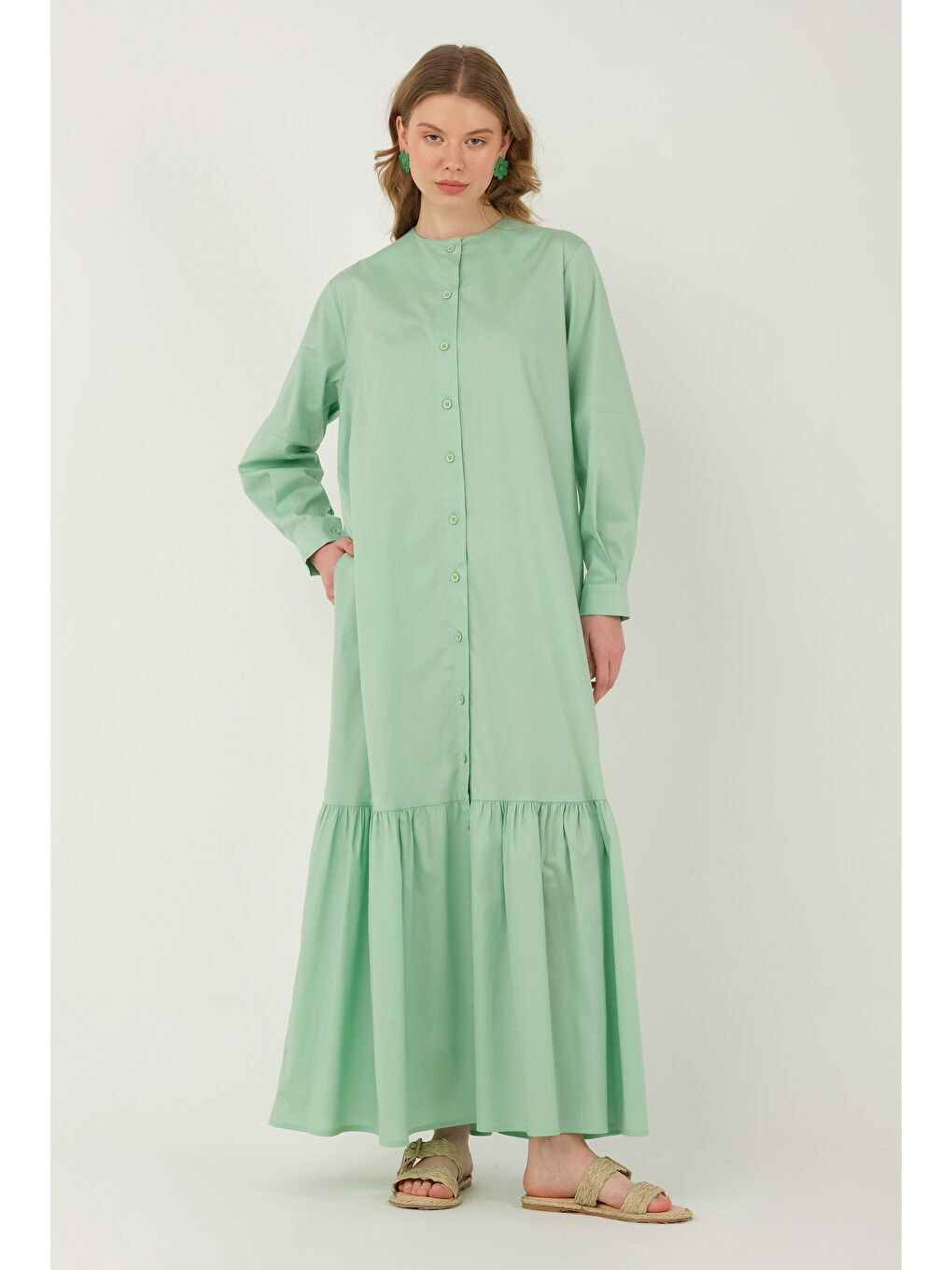 Turkuaz Poplin Fırfırlı Elbise Su Yeşili