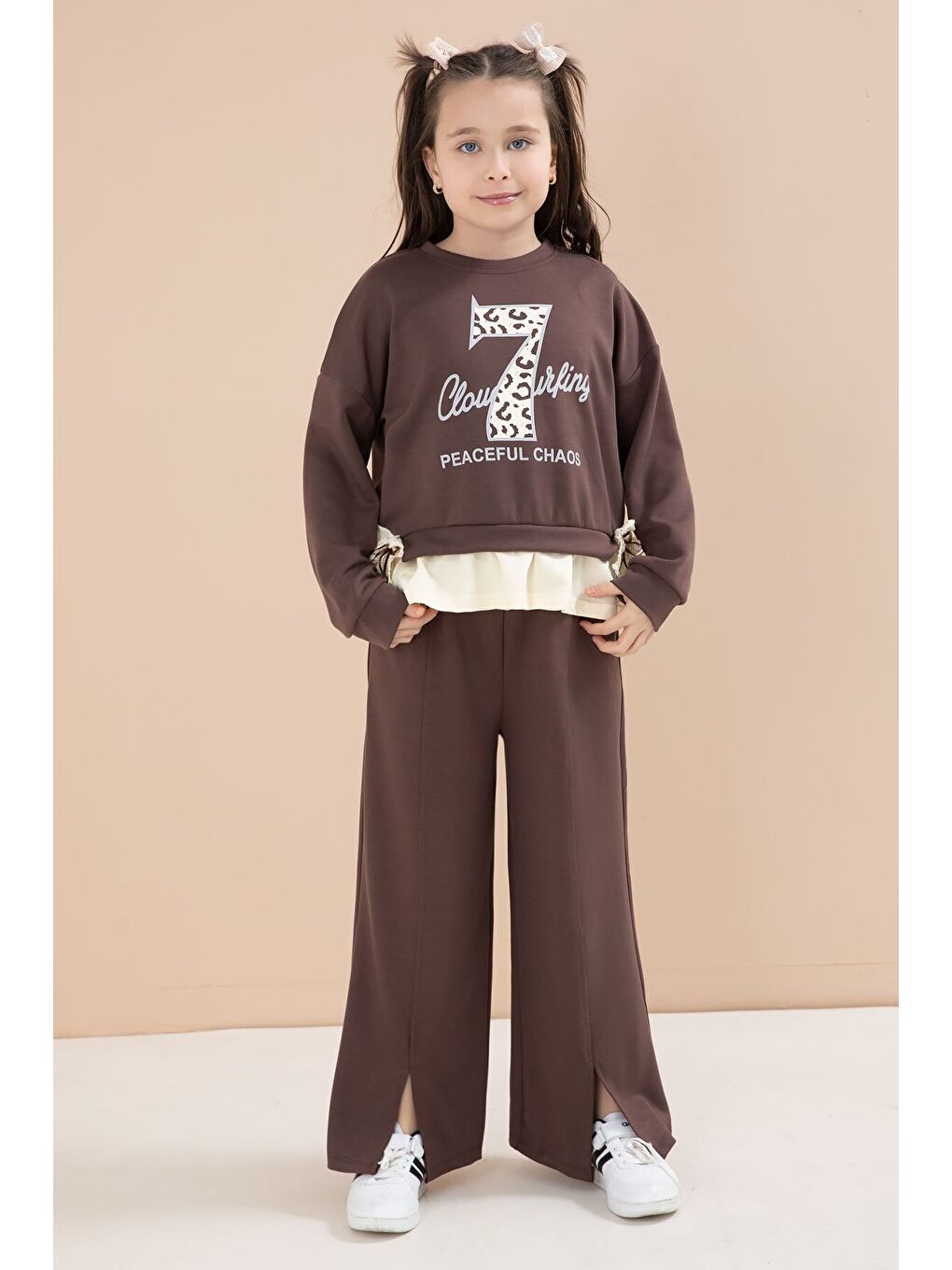 Kahverengi Yırtmaçlı Pantolonlu Fiyonklu Yazılı Badili Kız Çocuk 2li Takım 23596