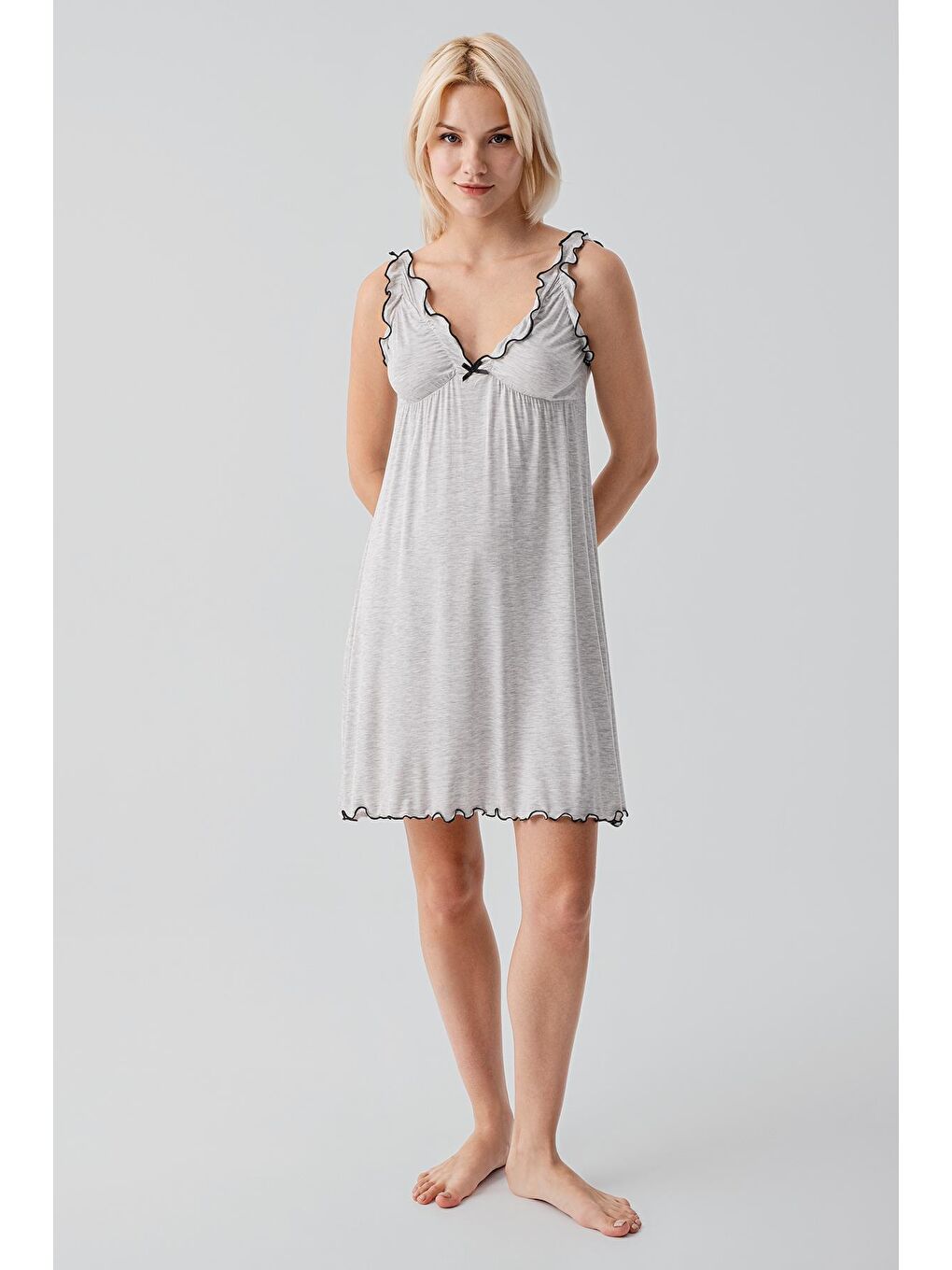 Gri Askılı Kısa Esnek Viskoz Hamile Sabahlık Gecelik Takım 19400-9