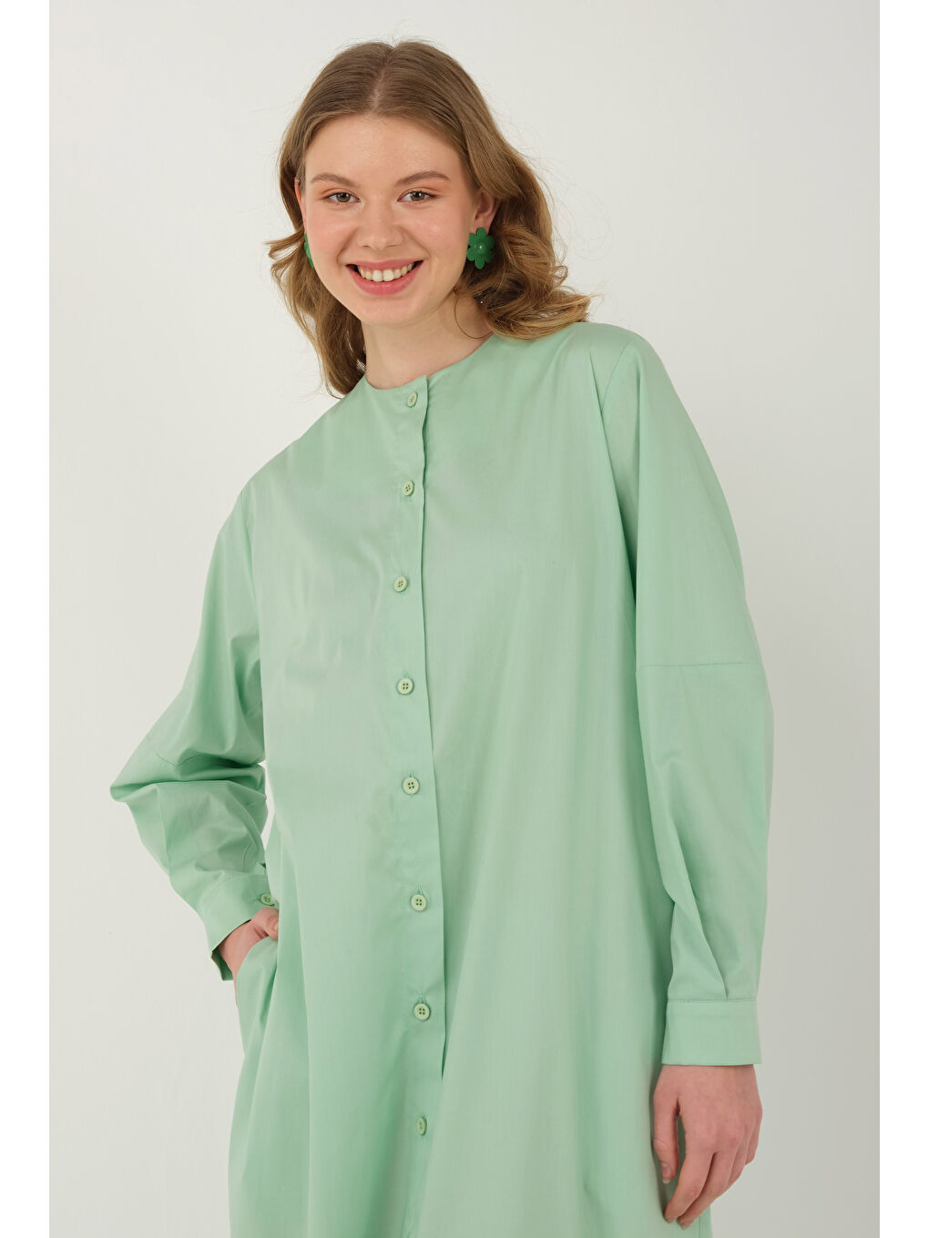 Turkuaz Poplin Fırfırlı Elbise Su Yeşili-1