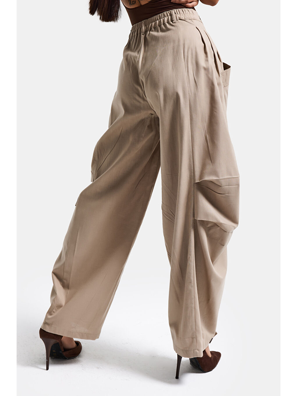 Kadın Taş Bej Renk Balon Fit Bol Kesim Organik Keten Kumaş Tasarım Pantolon-5
