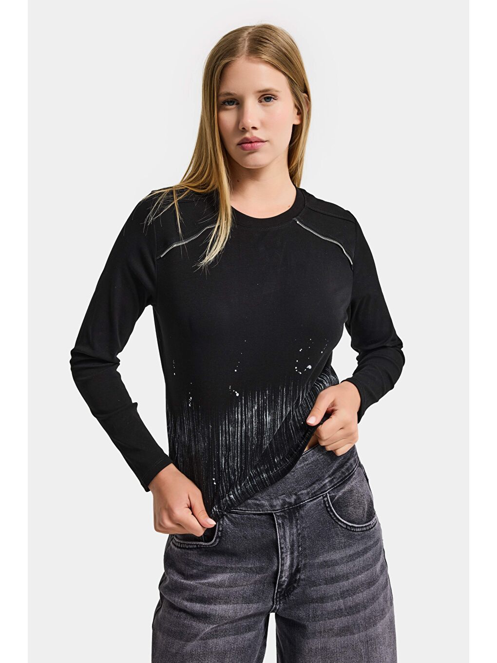 Kadın Siyah w5 Özel Baskılı Kumaş Fermuar Detaylı Tasarım Body-3