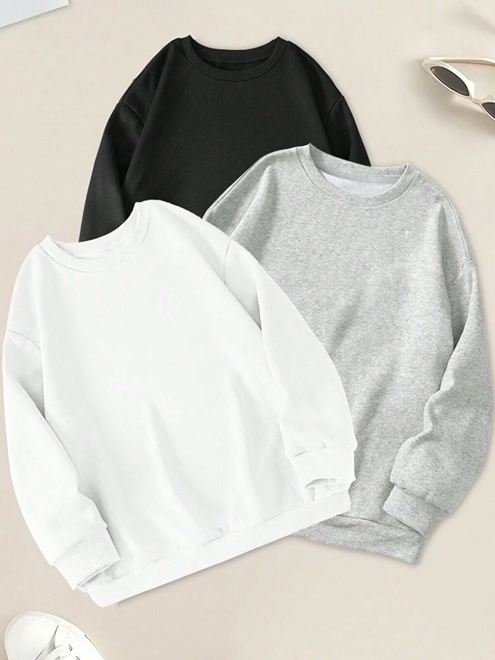 Karışık Kadın Siyah Beyaz Gri Düz Bisiklet Yaka 3lü Sweatshirt Set