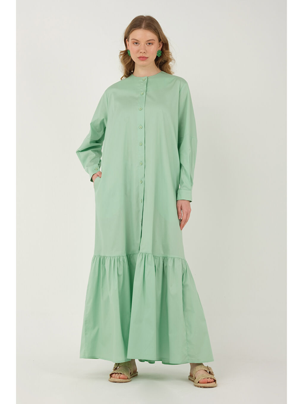 Turkuaz Poplin Fırfırlı Elbise Su Yeşili-2