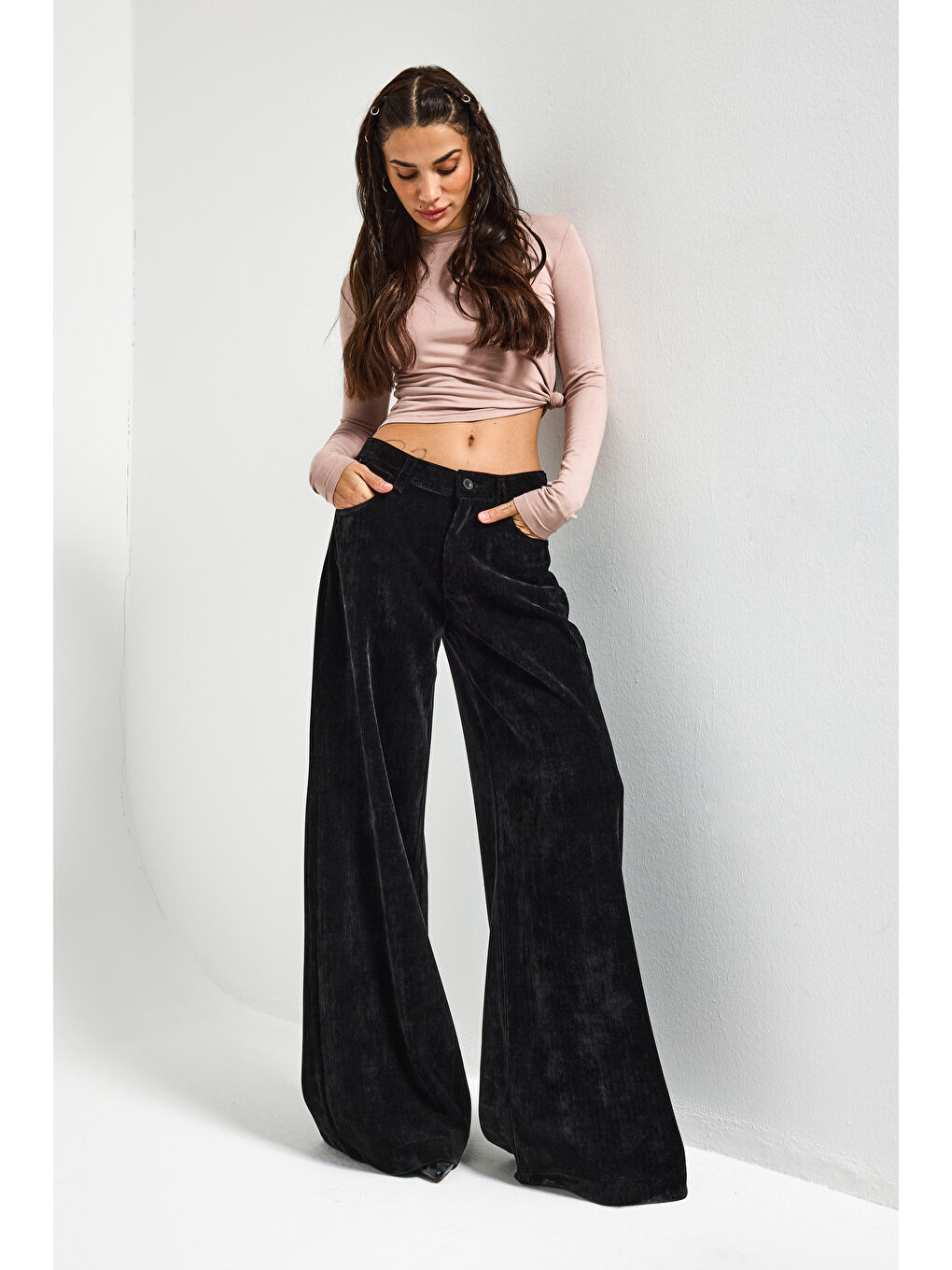 Kadın Siyah w5-1 Palazzo Fit Kadife Velvet Kumaş Pantolon