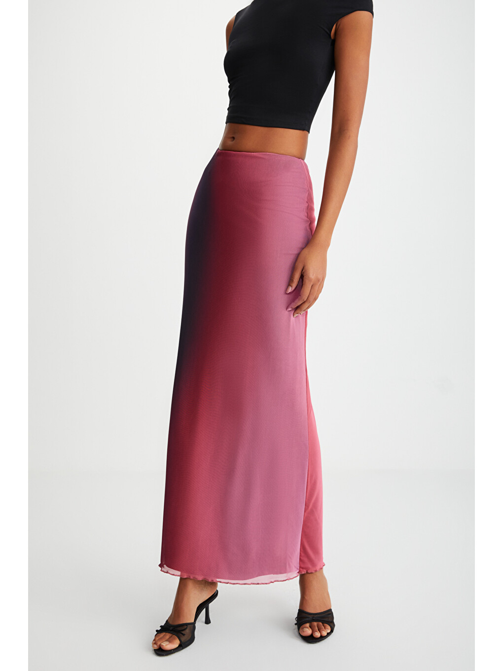 Beulah Kadın Maxi Boy Slim Fit Beli Lastikli Tül Batik Desenli Kırmızı-siyah Etek-4