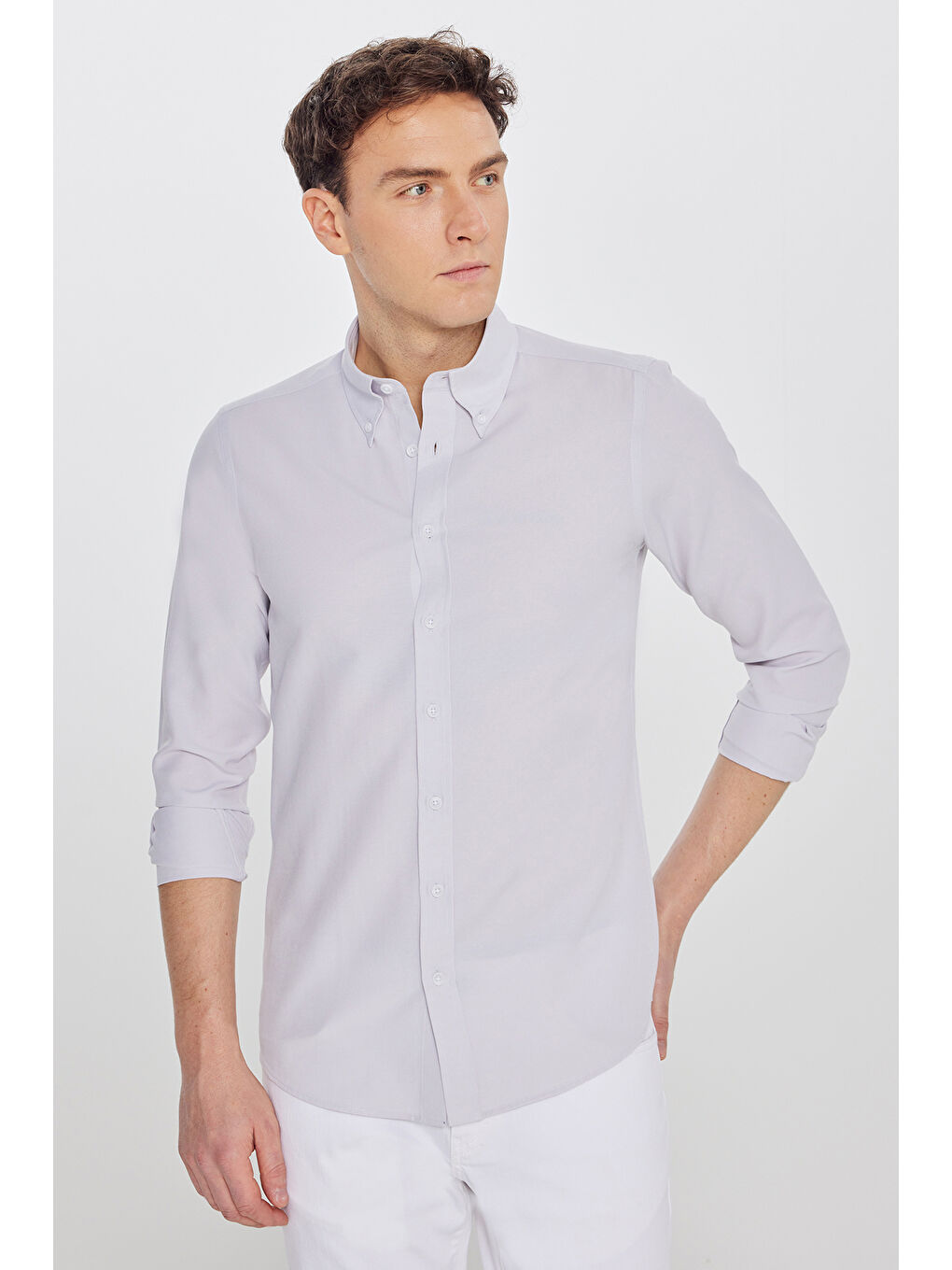 Erkek Bej Pamuklu Slim Fit Dar Kesim Gant Yaka Oxford Gömlek