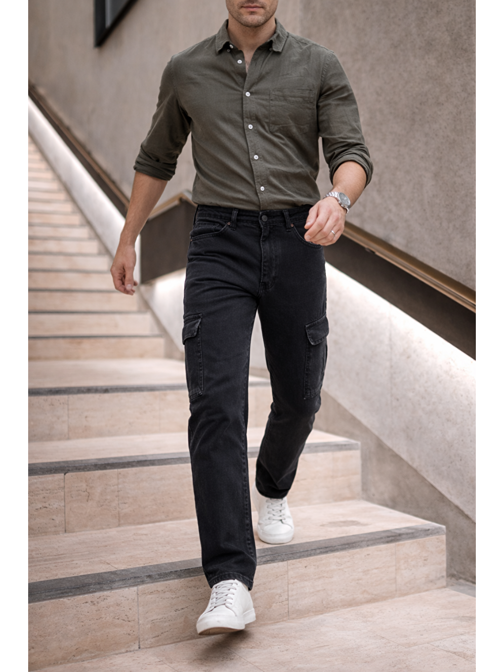 Gri Erkek Yüksek Bel Bol Paça Füme Kargo Baggy Pantolon-2