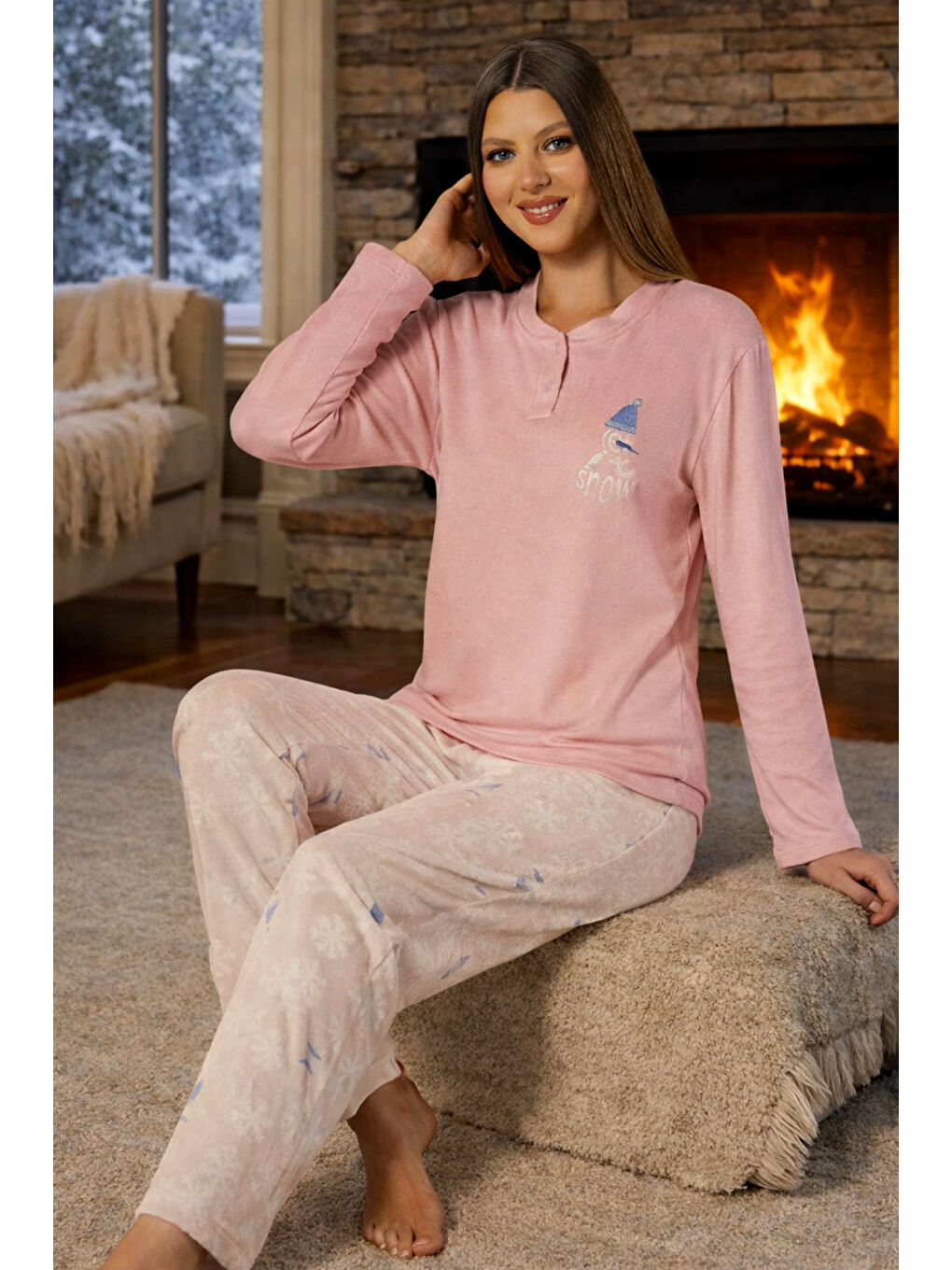 Pembe Kadın Termal Uzun Kol Pijama Takımı 4707 Pudra