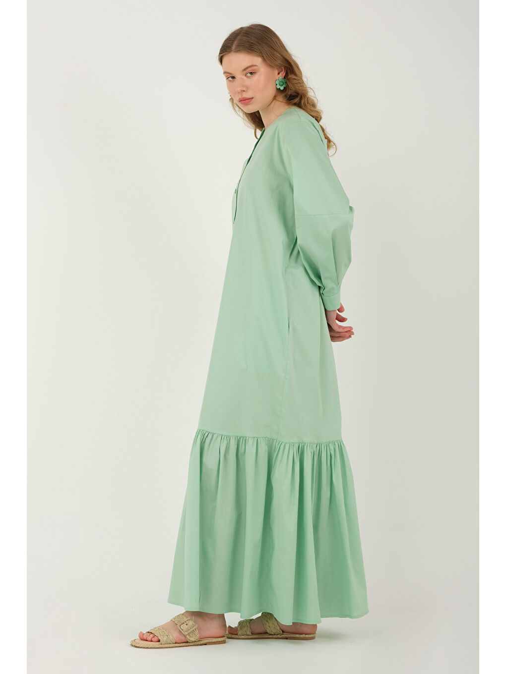 Turkuaz Poplin Fırfırlı Elbise Su Yeşili-3