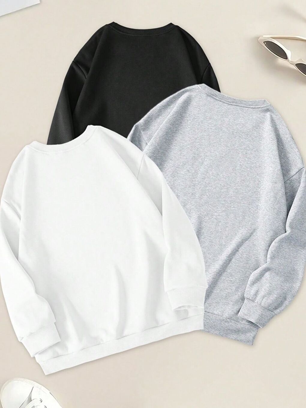 Karışık Kadın Siyah Beyaz Gri Düz Bisiklet Yaka 3lü Sweatshirt Set-1