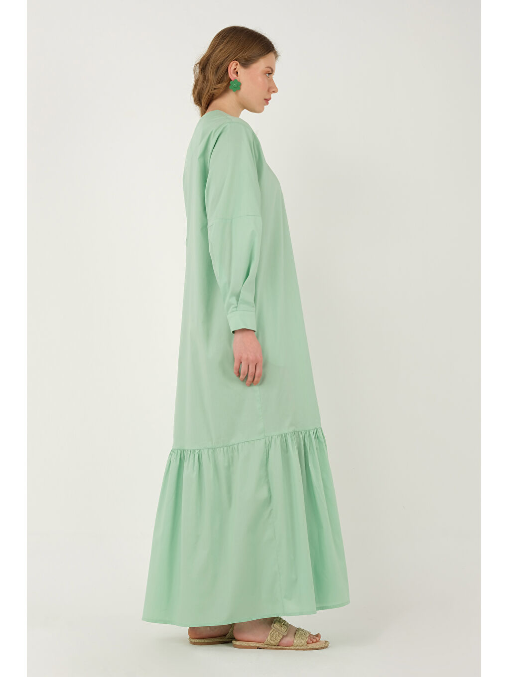 Turkuaz Poplin Fırfırlı Elbise Su Yeşili-4