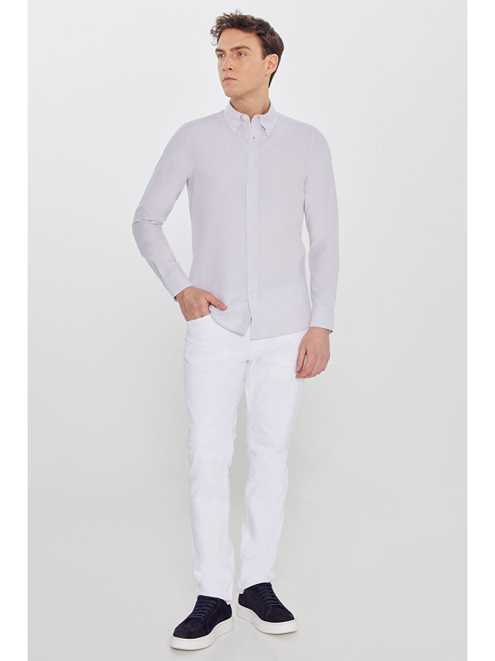 Erkek Bej Pamuklu Slim Fit Dar Kesim Gant Yaka Oxford Gömlek-1