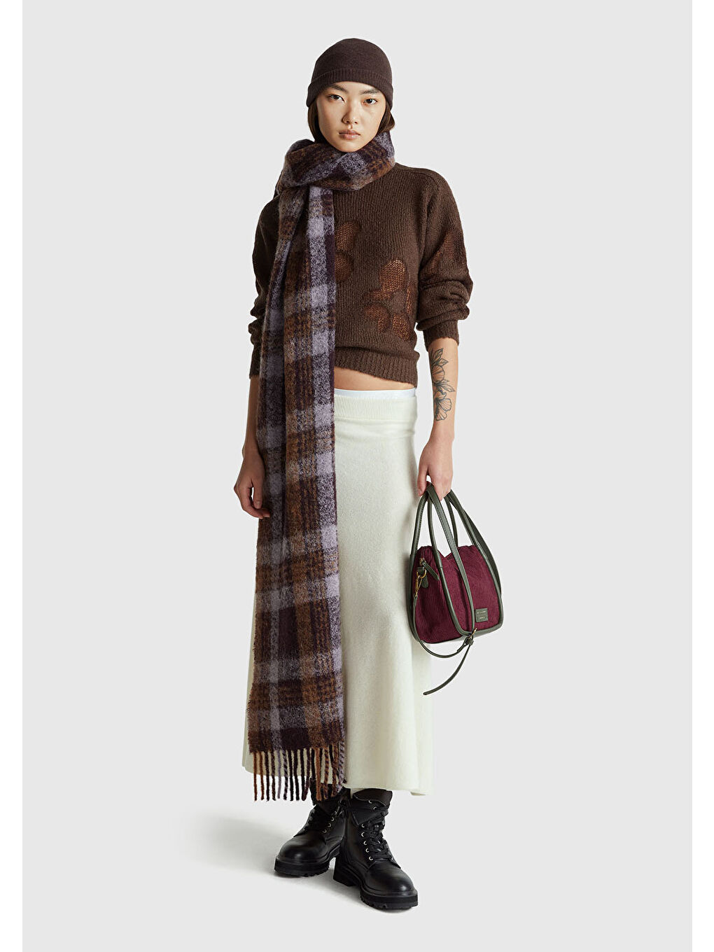 Kadın Koyu Kahverengi Akrilik ve Yün Karışımlı Desenli Bisiklet Yaka Kazak-4