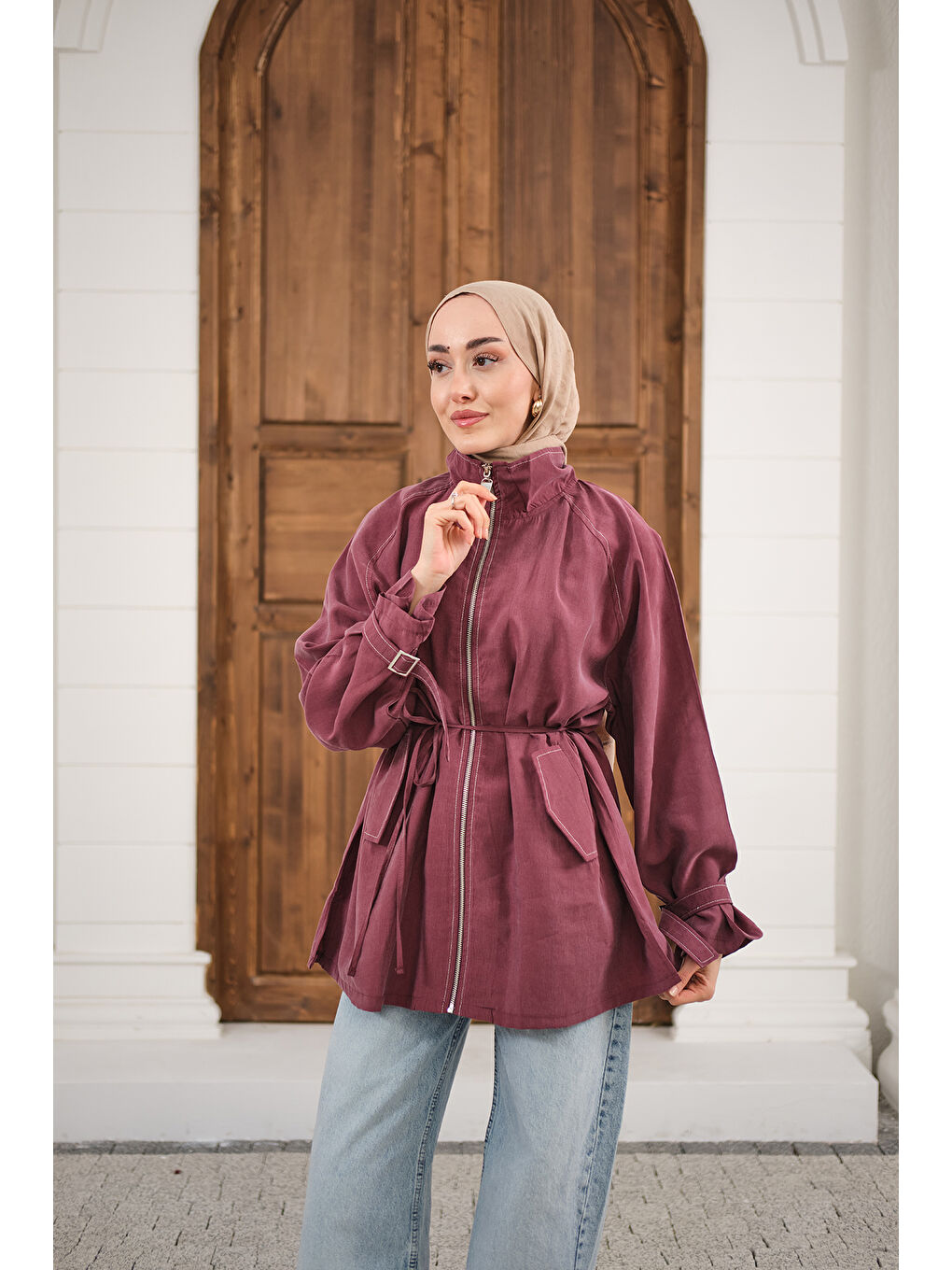 Kadın Gold Fermuar Detay Dikiş İzli Ceket Mürdüm-1