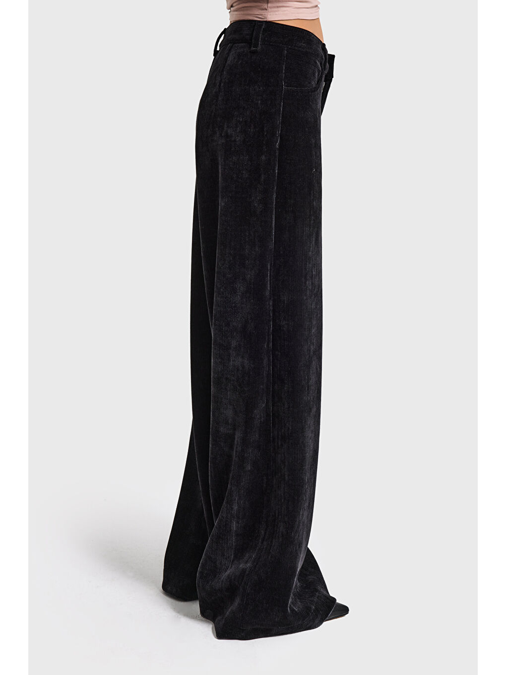 Kadın Siyah w5-1 Palazzo Fit Kadife Velvet Kumaş Pantolon-1