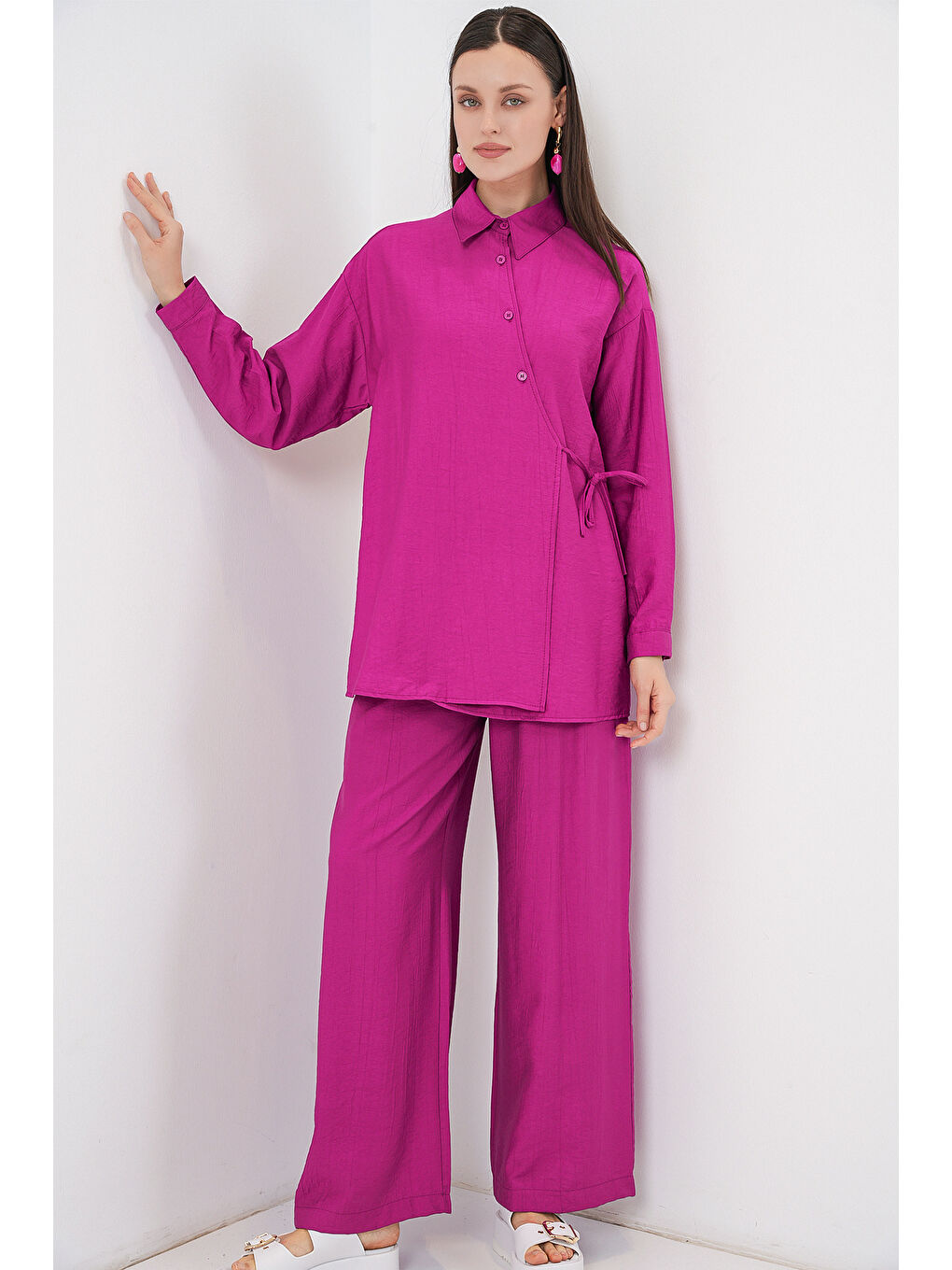 Kadın Bağcıklı Tunik Pantolon İkili Takım 6752 - Fuşya