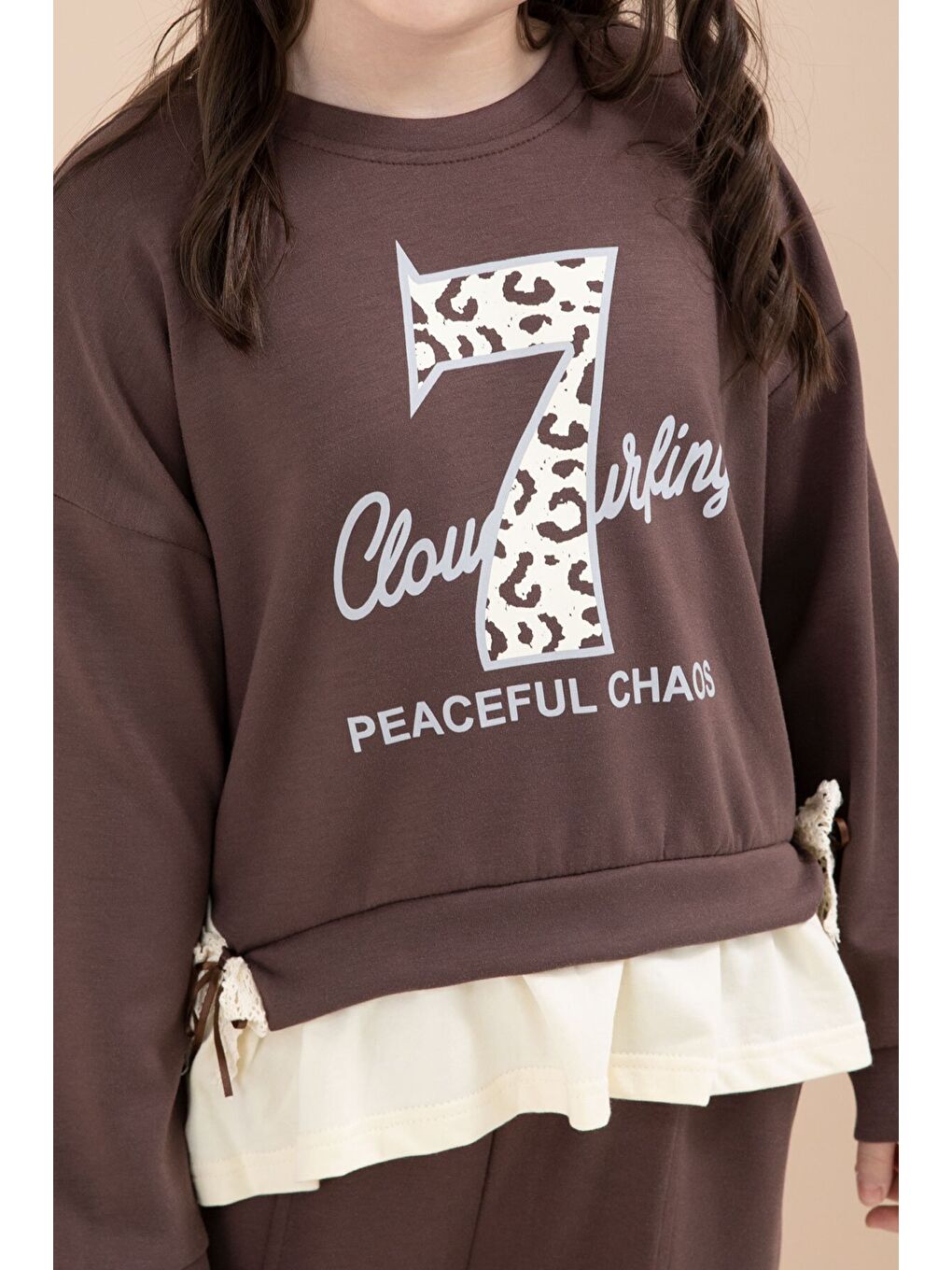 Kahverengi Yırtmaçlı Pantolonlu Fiyonklu Yazılı Badili Kız Çocuk 2li Takım 23596-2