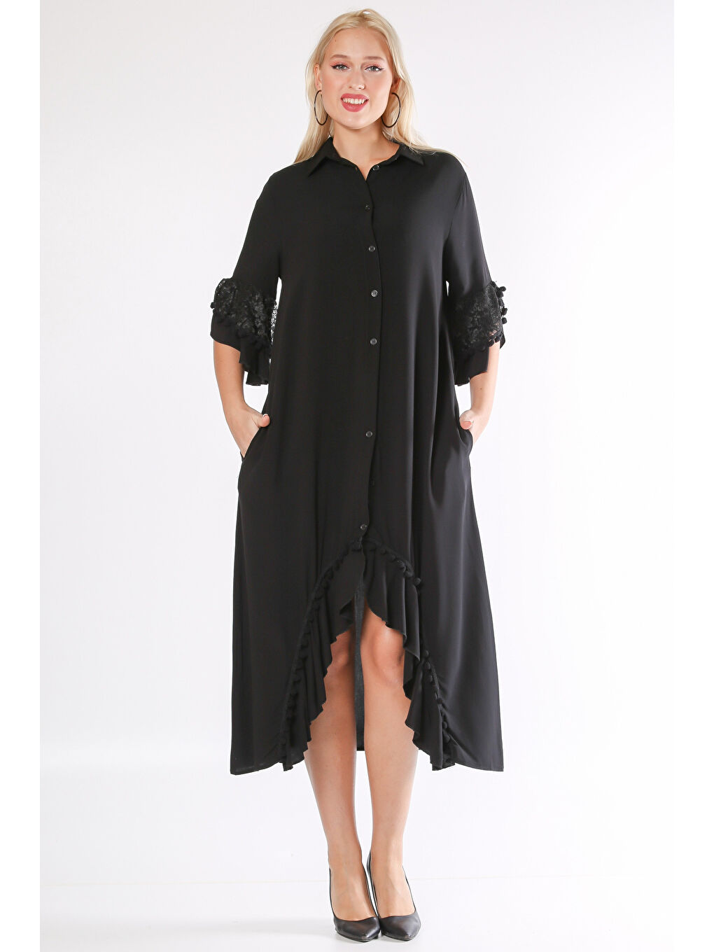 Siyah Gömlek Yaka 3/4 Kol Düğmeli Kol Ve Etek Ucu Fırfırlı Geniş Kesim Dokuma Elbise-2