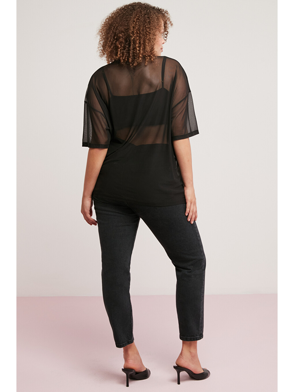 Yukı Kadın Yuvarlak Yaka Mesh Yarasa Kol Siyah Büyük Beden T-shirt-6