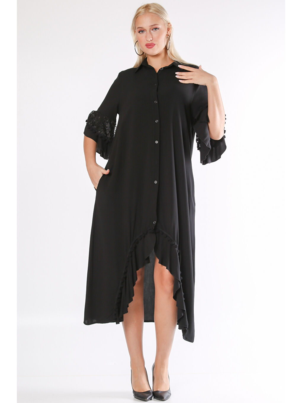 Siyah Gömlek Yaka 3/4 Kol Düğmeli Kol Ve Etek Ucu Fırfırlı Geniş Kesim Dokuma Elbise-3