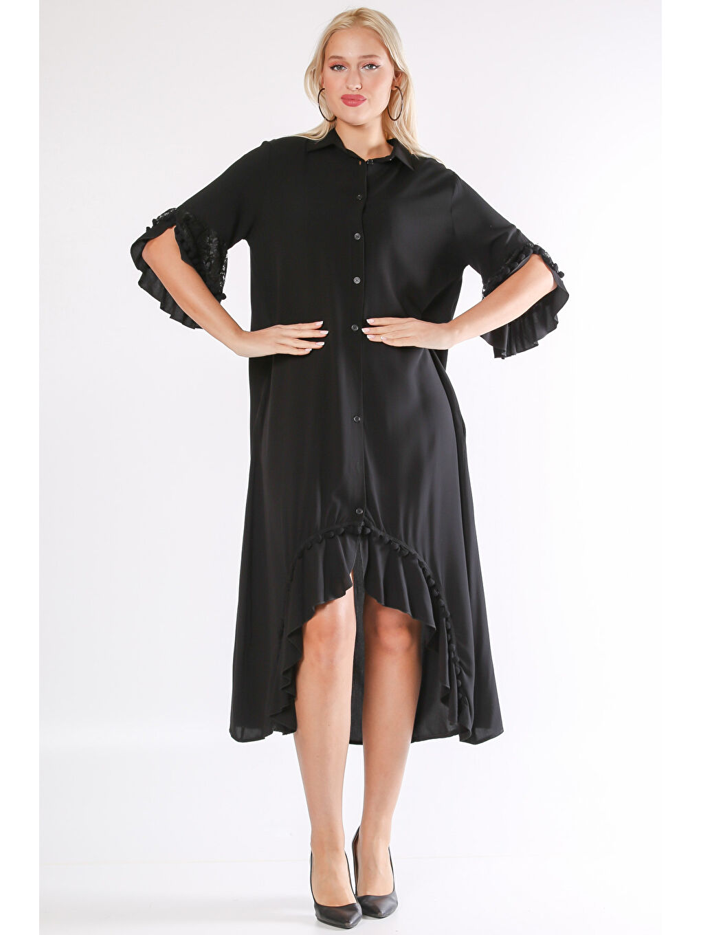 Siyah Gömlek Yaka 3/4 Kol Düğmeli Kol Ve Etek Ucu Fırfırlı Geniş Kesim Dokuma Elbise-5