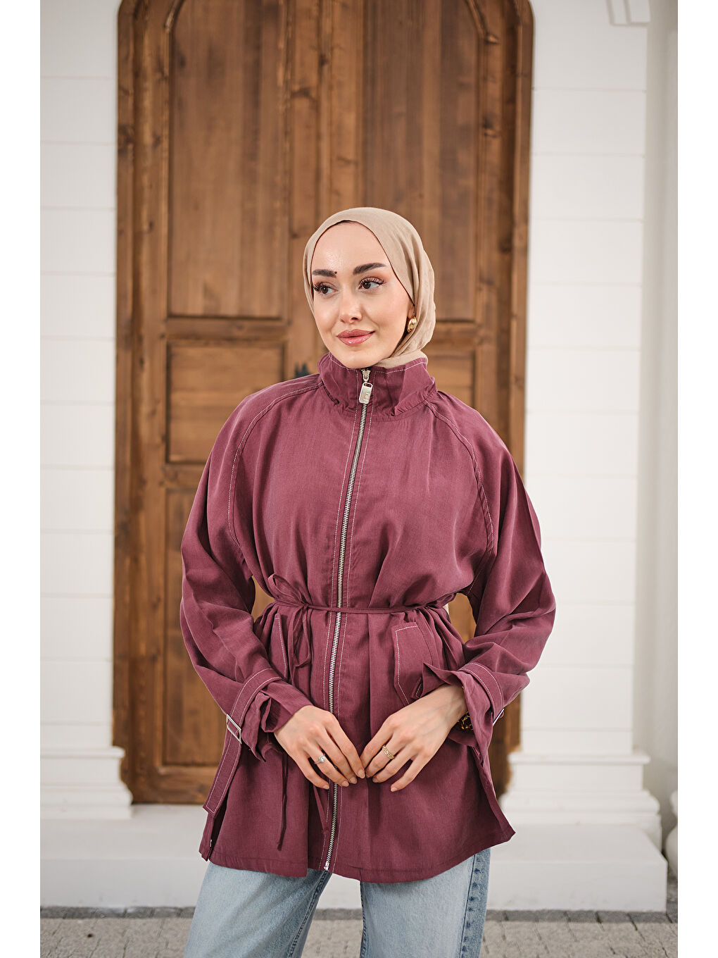 Kadın Gold Fermuar Detay Dikiş İzli Ceket Mürdüm-2