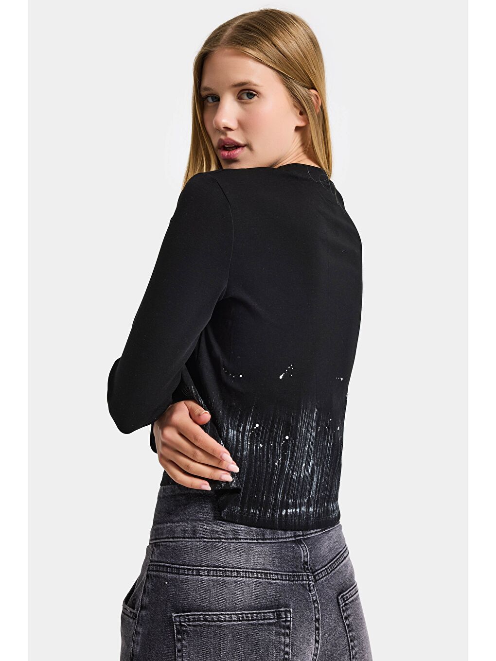 Kadın Siyah w5 Özel Baskılı Kumaş Fermuar Detaylı Tasarım Body-4