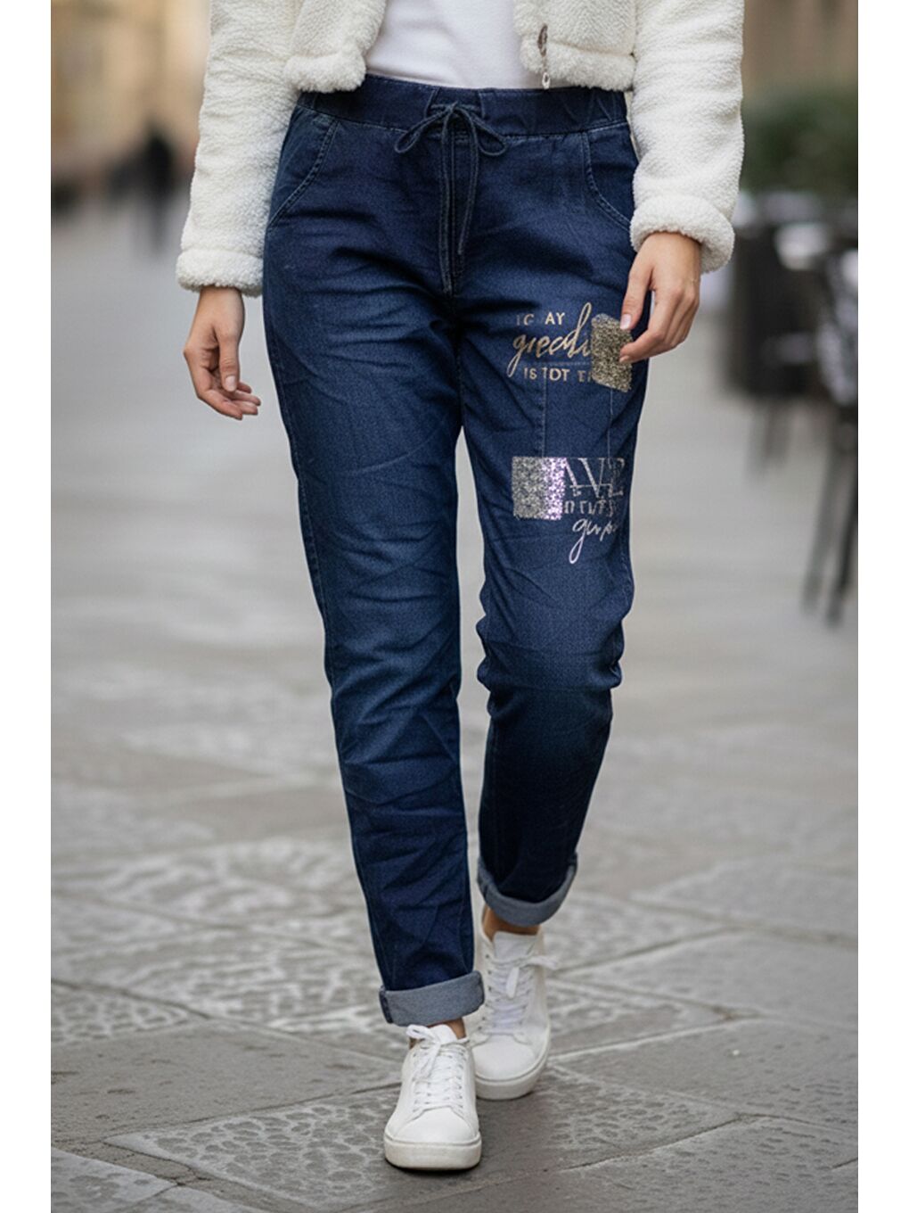 İtalyan Jean Mavisi Cepli Varak Baskılı Lastikli Ve Bağlamalı Bel Elastan Denim Pantolon 100 55