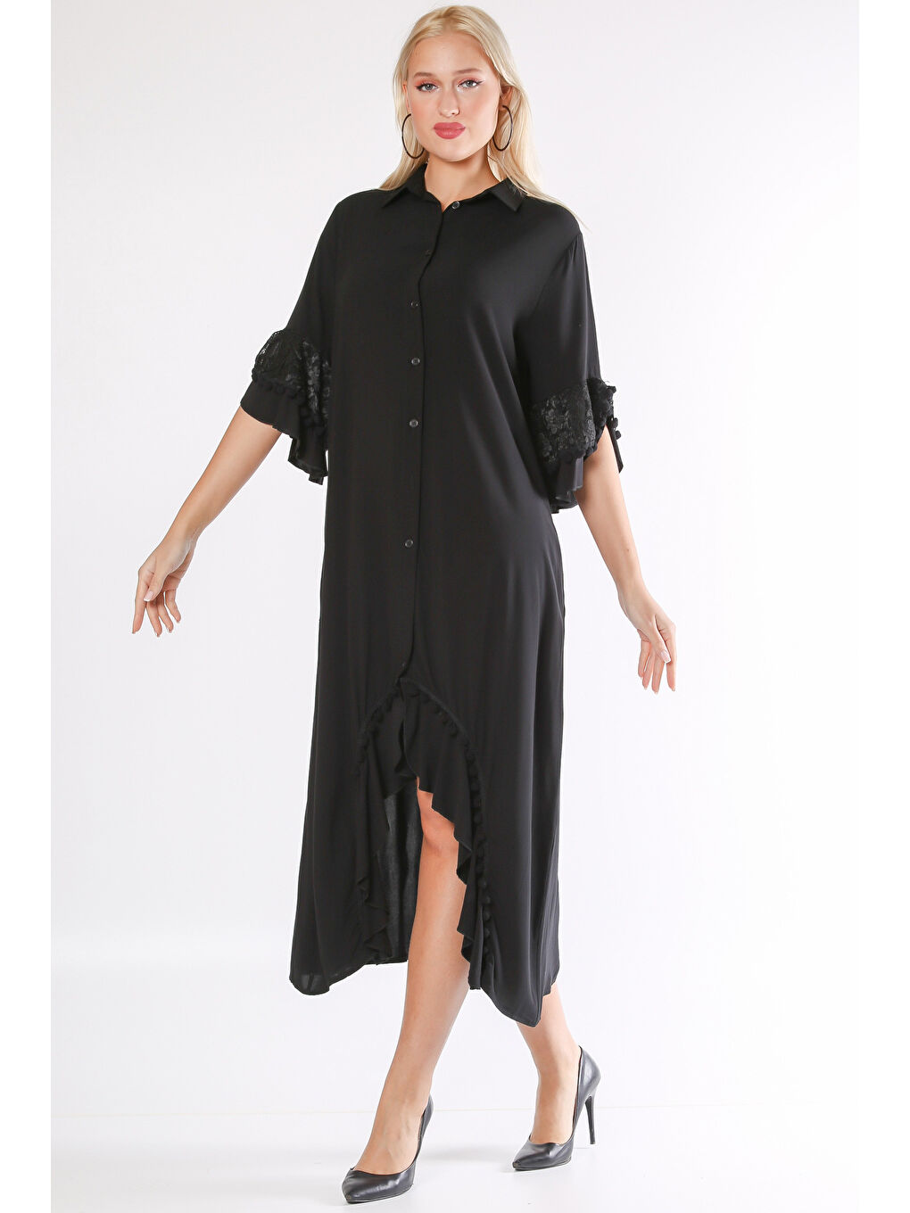 Siyah Gömlek Yaka 3/4 Kol Düğmeli Kol Ve Etek Ucu Fırfırlı Geniş Kesim Dokuma Elbise-7