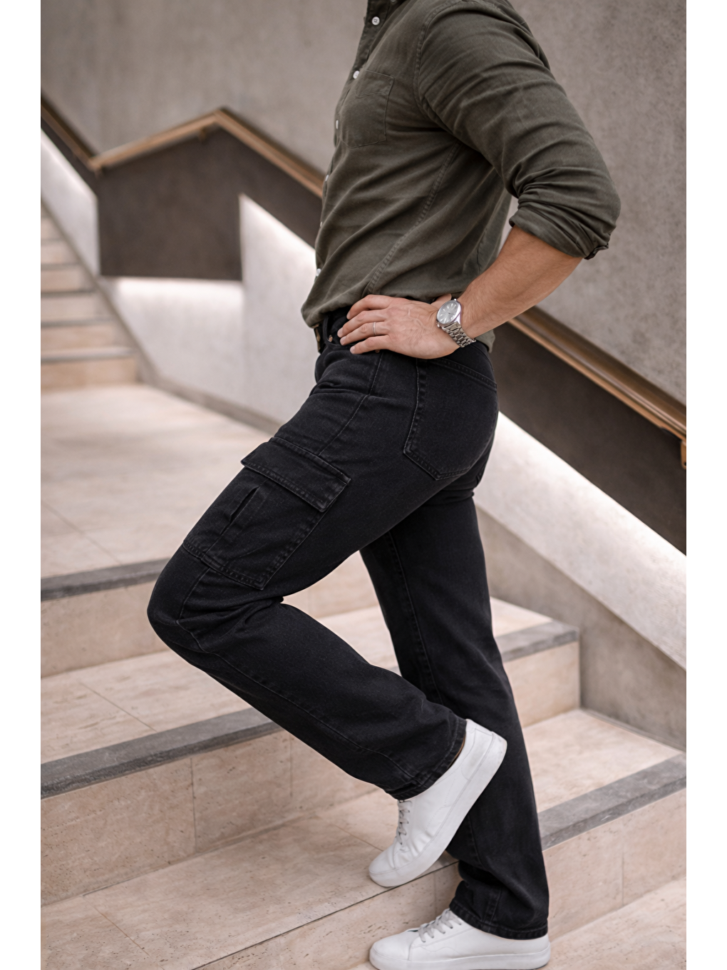 Gri Erkek Yüksek Bel Bol Paça Füme Kargo Baggy Pantolon-4