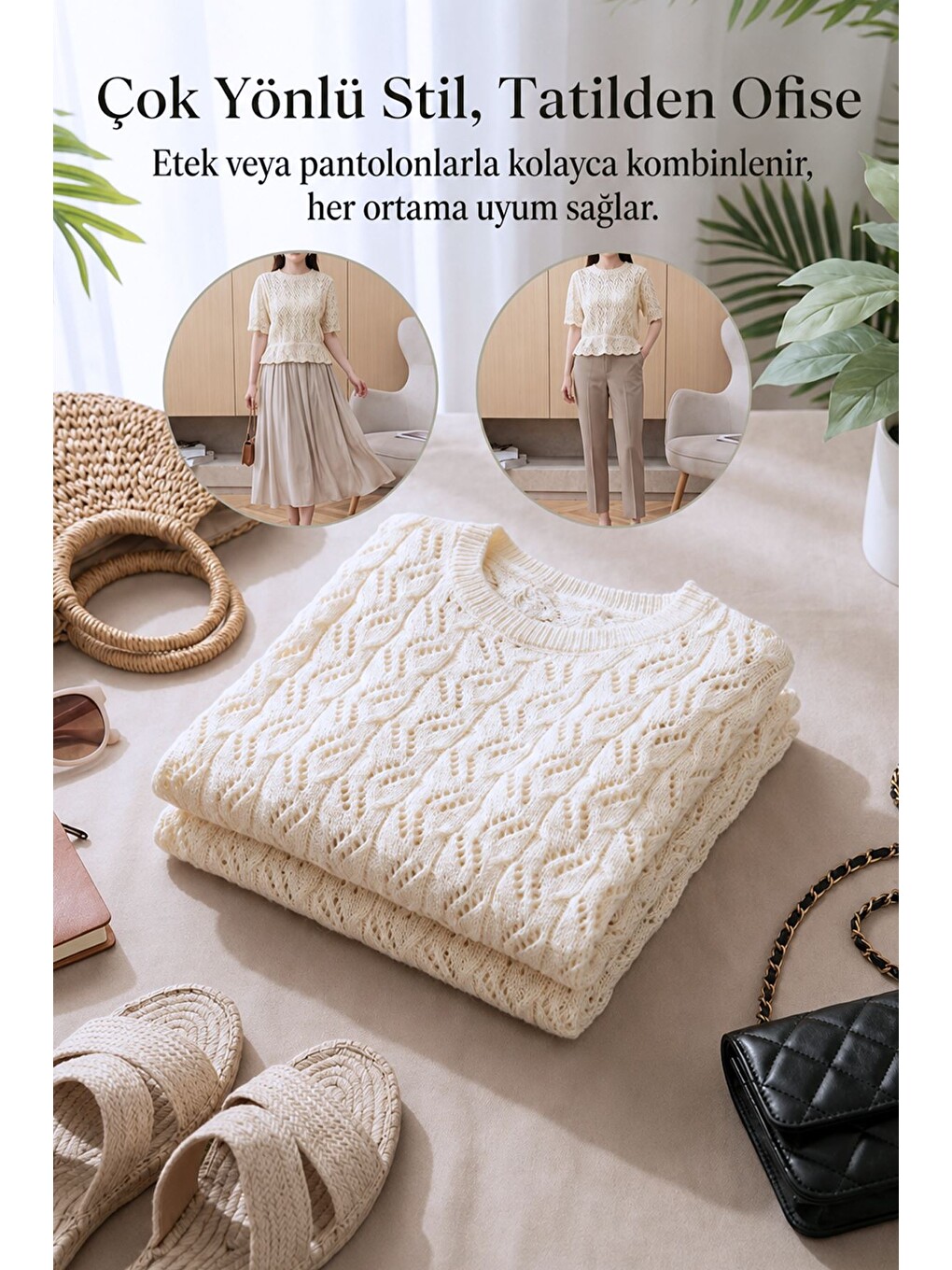 Ekru Kendinden Desenli Triko Bluz-4