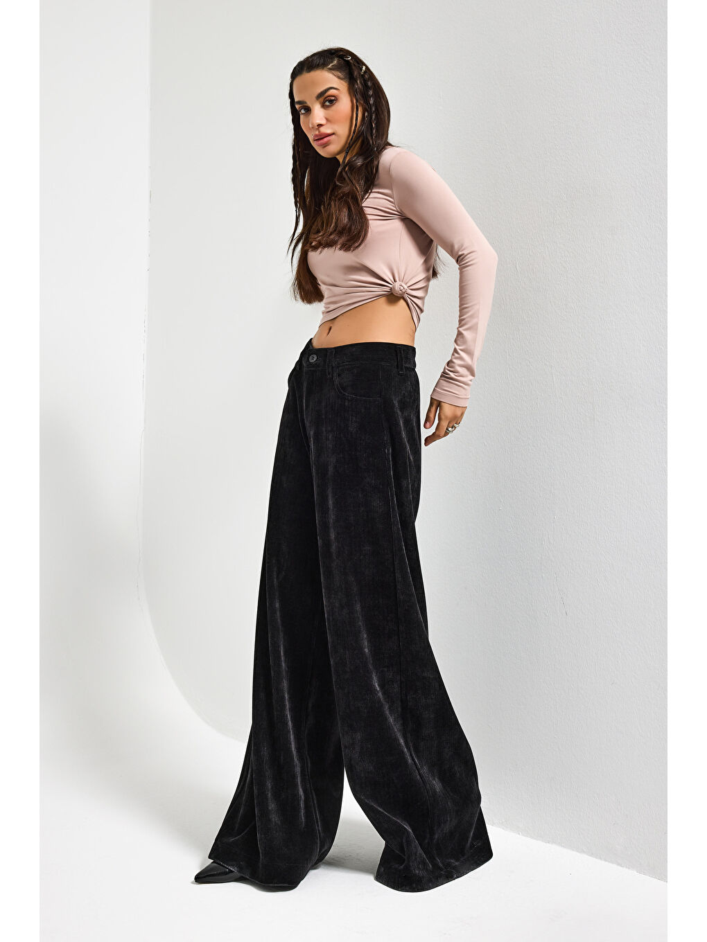 Kadın Siyah w5-1 Palazzo Fit Kadife Velvet Kumaş Pantolon-2