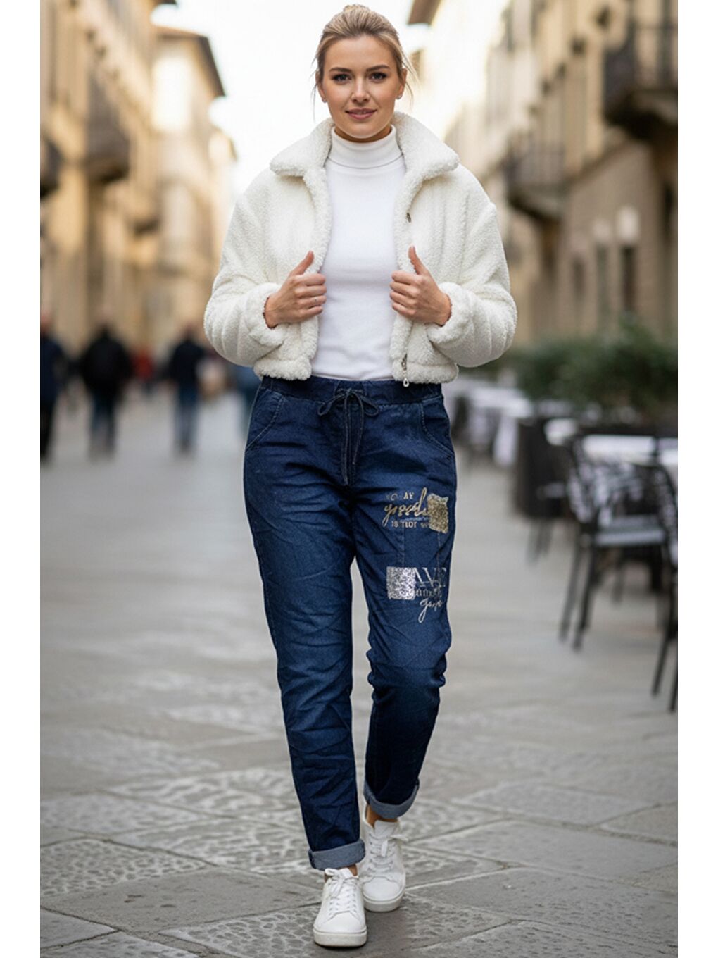 İtalyan Jean Mavisi Cepli Varak Baskılı Lastikli Ve Bağlamalı Bel Elastan Denim Pantolon 100 55-1