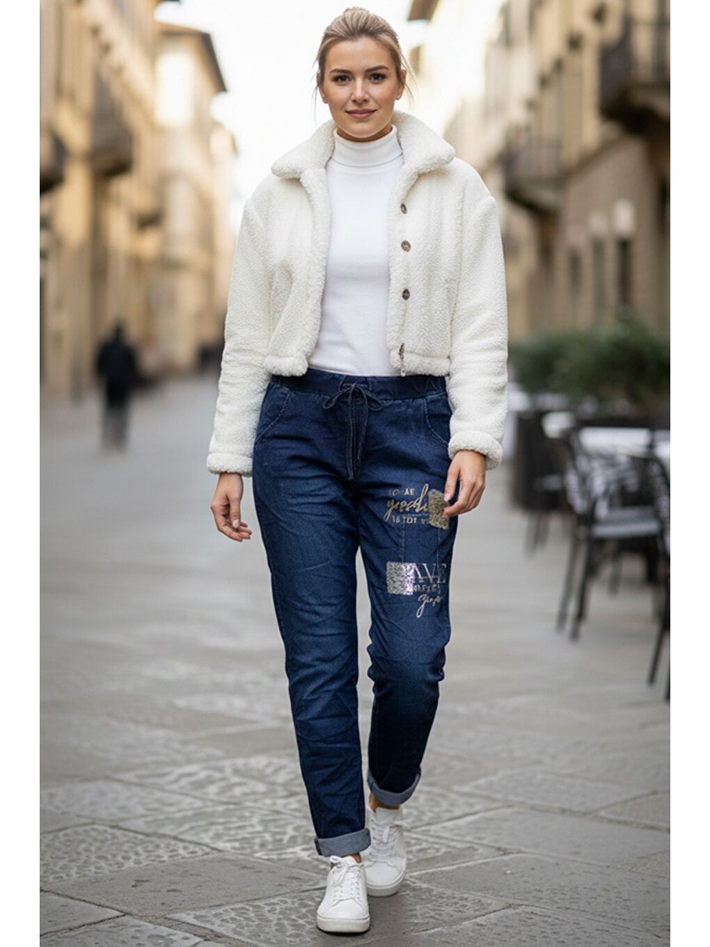 İtalyan Jean Mavisi Cepli Varak Baskılı Lastikli Ve Bağlamalı Bel Elastan Denim Pantolon 100 55-2