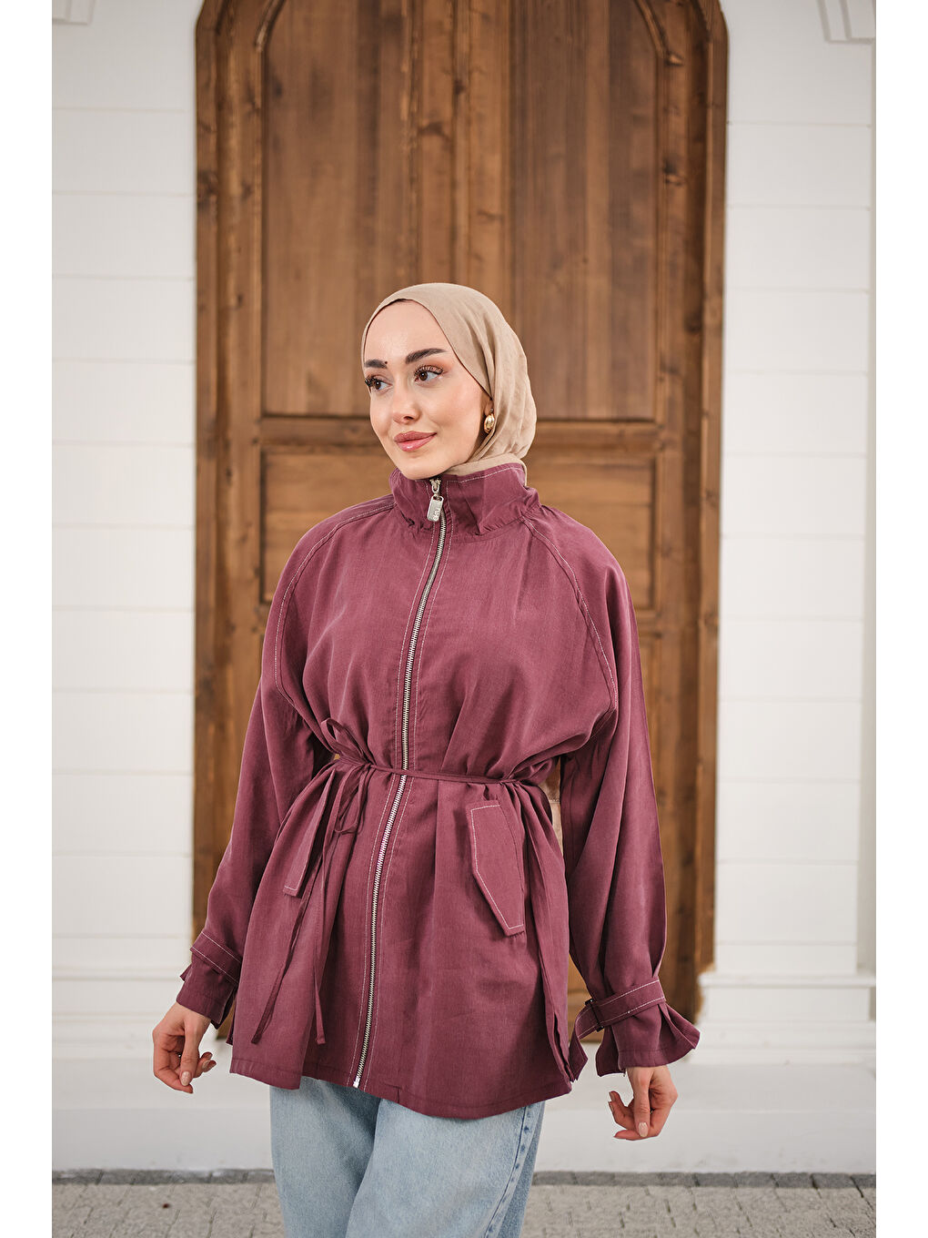 Kadın Gold Fermuar Detay Dikiş İzli Ceket Mürdüm-3