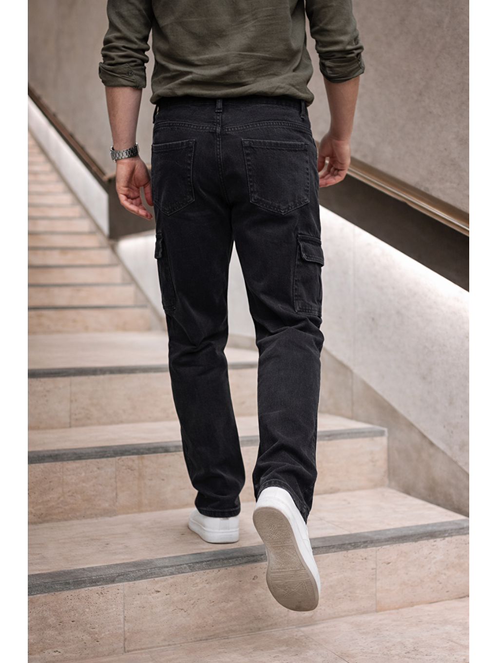 Gri Erkek Yüksek Bel Bol Paça Füme Kargo Baggy Pantolon-5