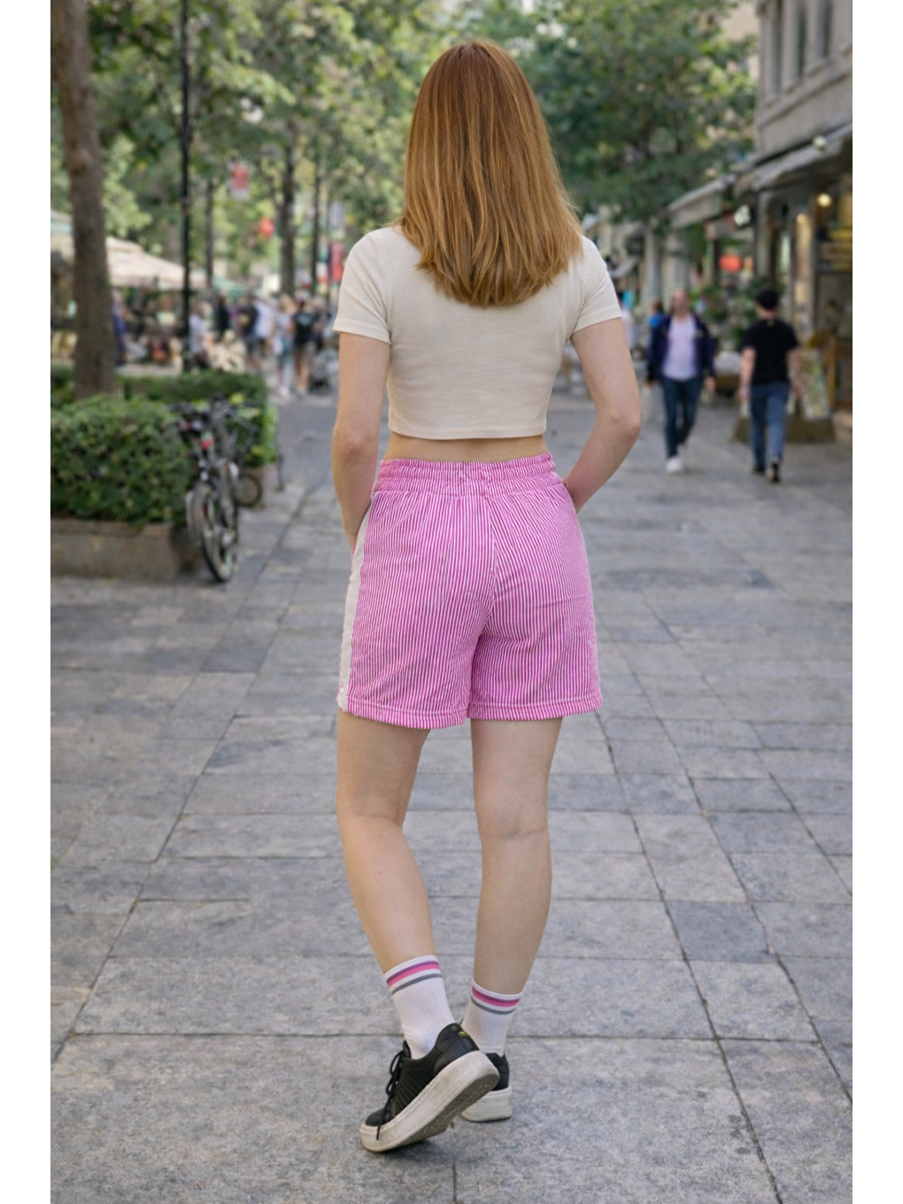 Kadın Trend Premium Comfort Çizgili Pembe Şort-2