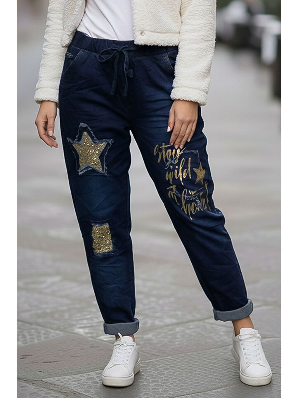 İtalyan Jean Mavisi Cepli Varak Baskılı Lastikli Ve Bağlamalı Bel Elastan Denim Pantolon 100 55