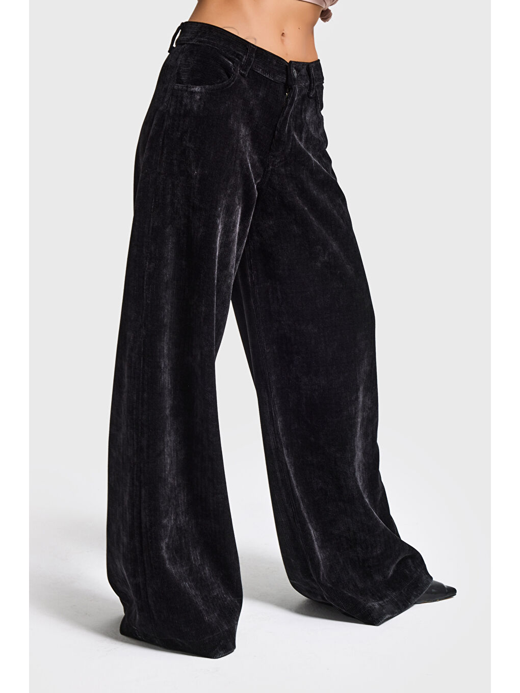 Kadın Siyah w5-1 Palazzo Fit Kadife Velvet Kumaş Pantolon-3