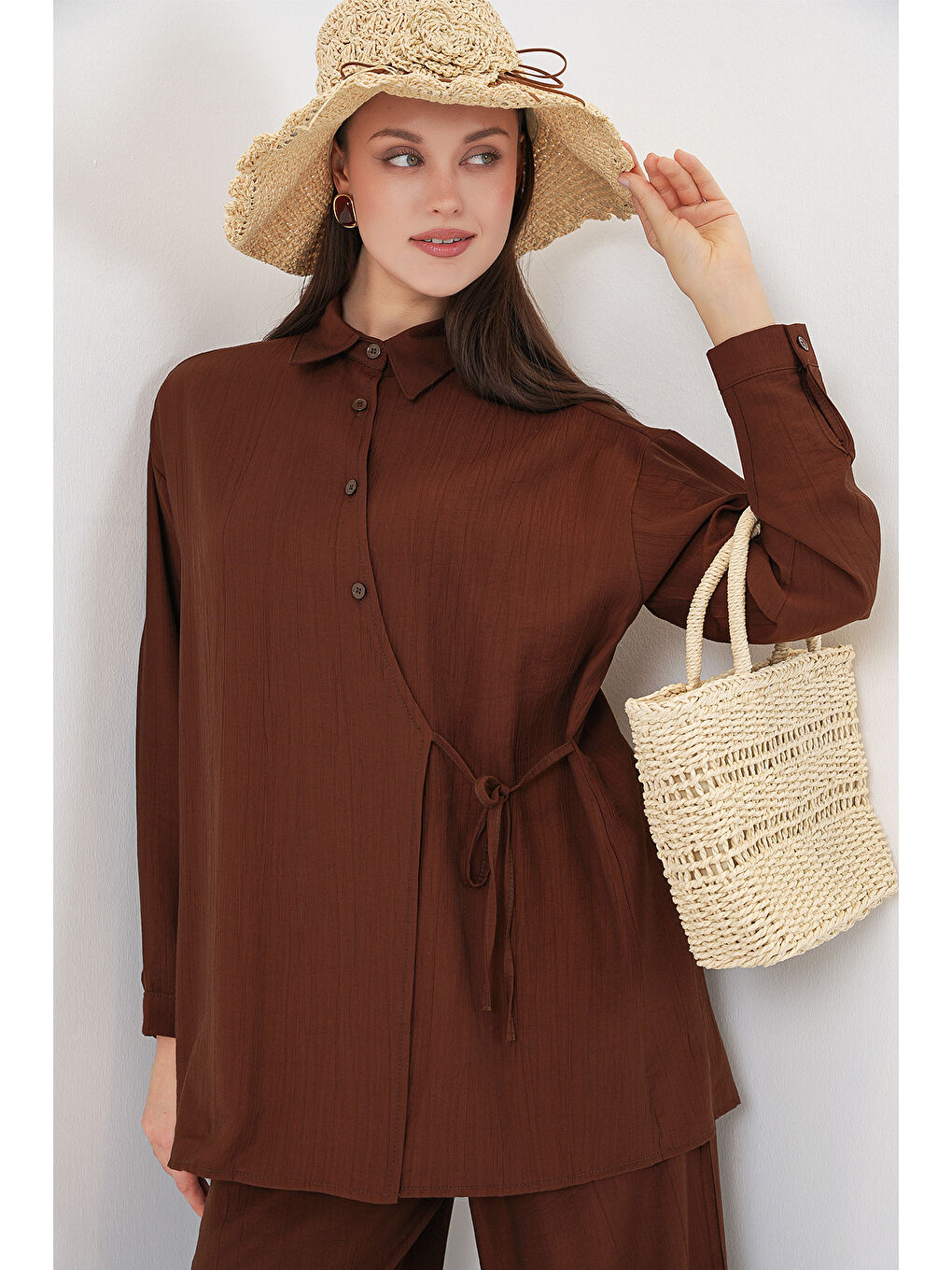 Kadın Bağcıklı Tunik Pantolon İkili Takım 6752 - Kahverengi-1